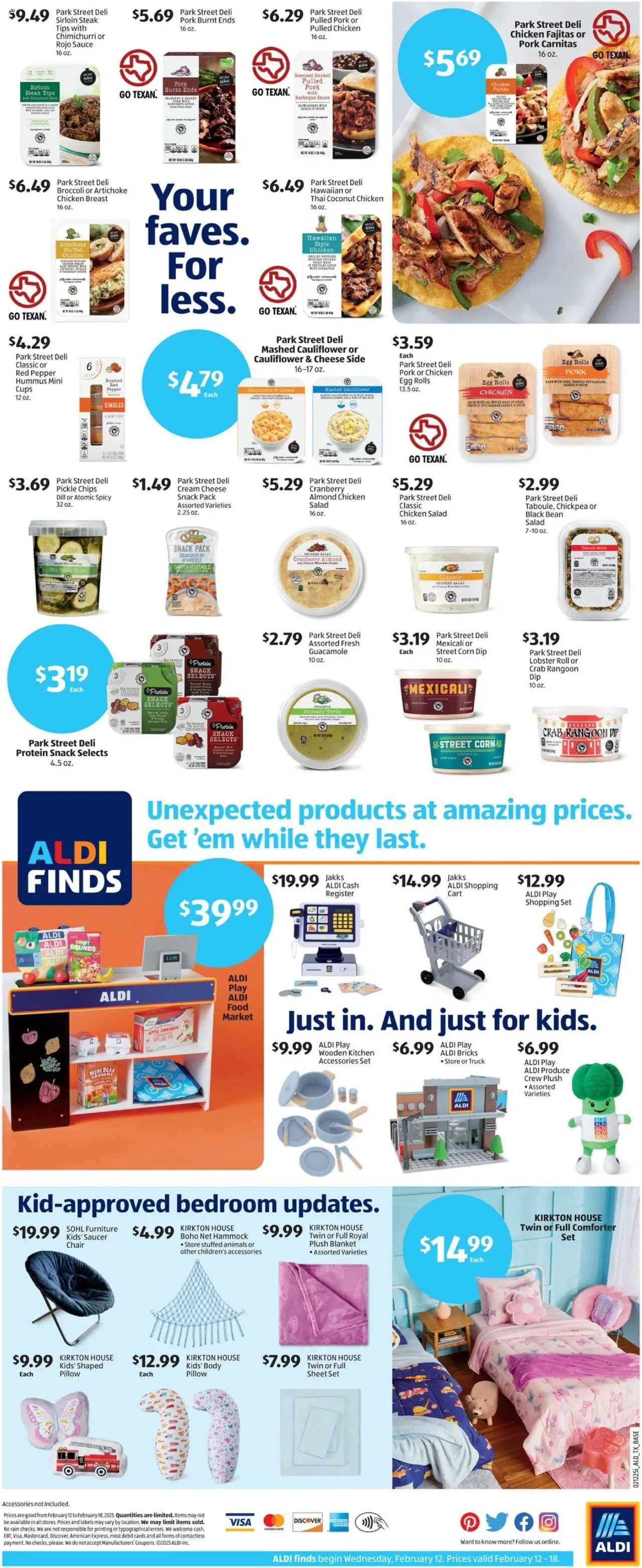 Aldi Weekly Ad from 02/12/2025 - Flyer, Sales ad - Page number 2 - Pork, Sauce, Cauliflower, Pillow, Blanket, Chair, Broccoli, Sheet