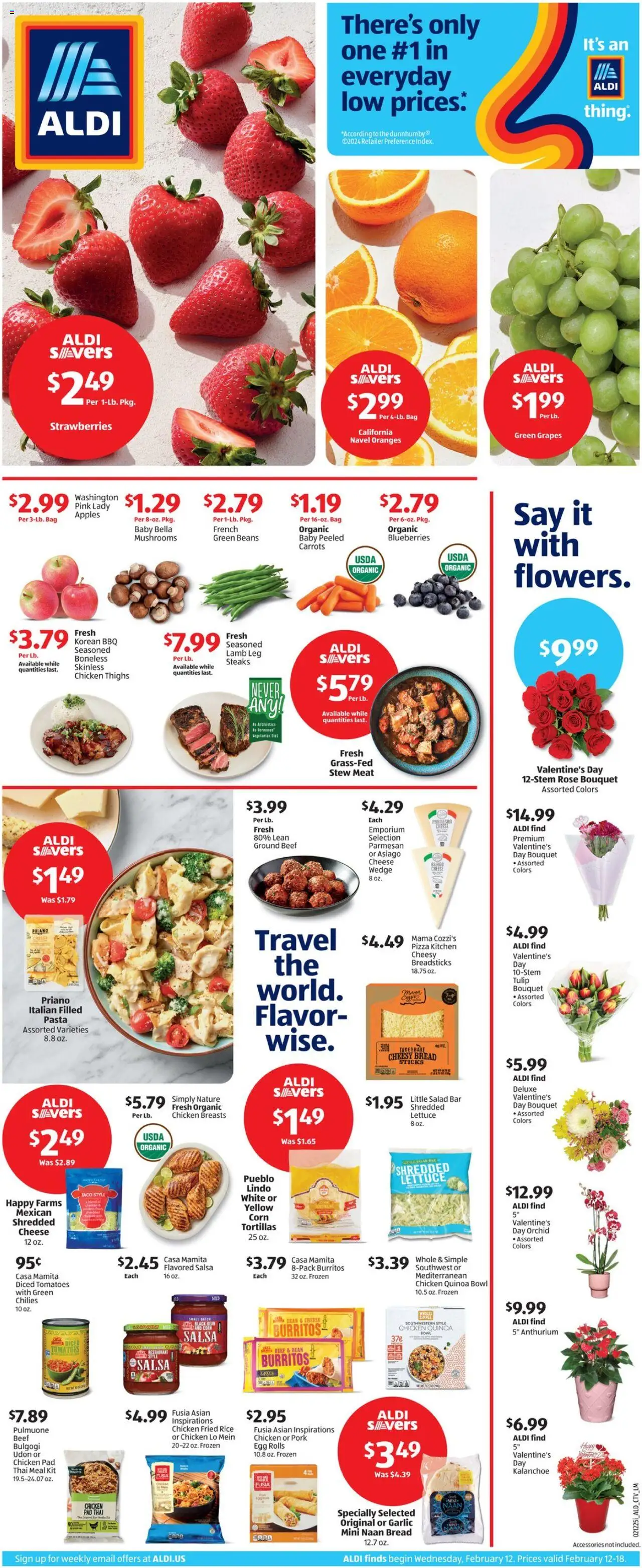 Aldi Weekly Ad from 02/12/2025 - Flyer, Sales ad - Page number 1 - Cheese, Pork, Apples, Tomatoes, Beef, Pasta, Salt, Lettuce
