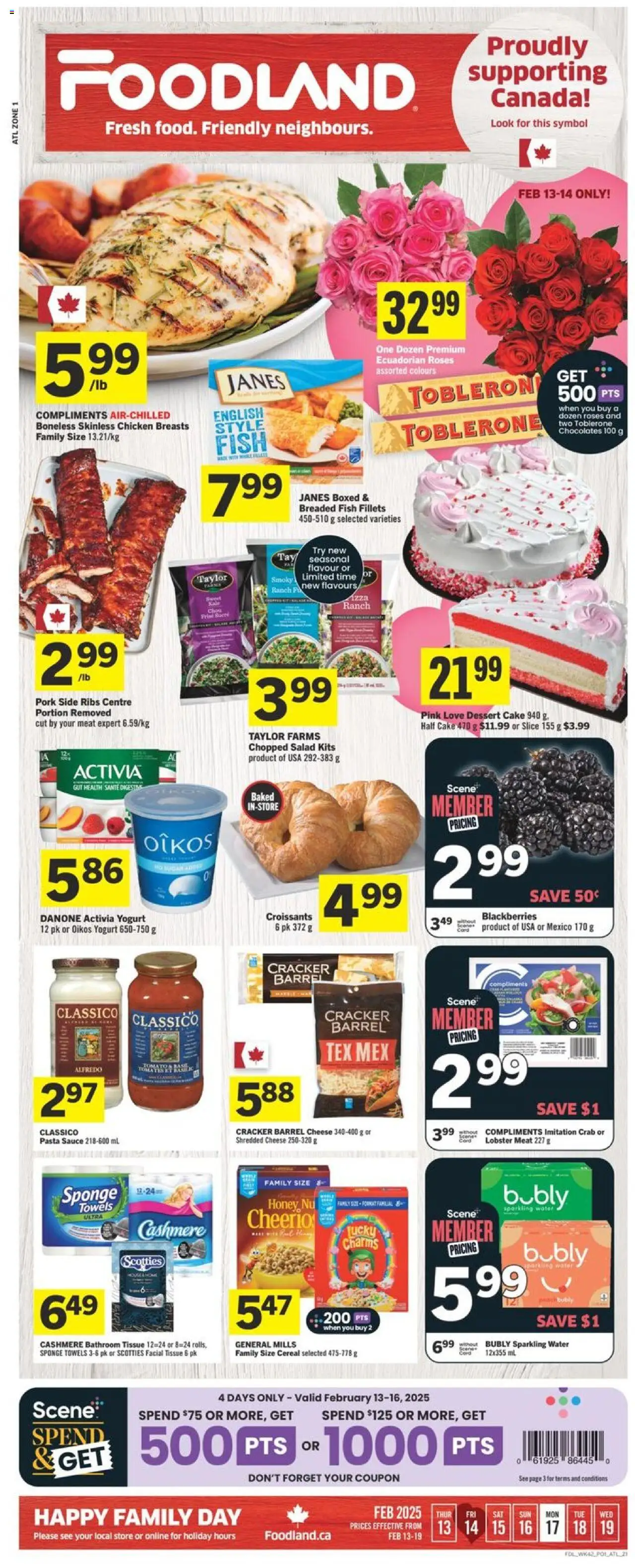 Foodland flyer valid from Feb 13, 2025 - page number 1 - Cheese, Yogurt, Pork, Fish, Pasta, Salad, Chicken breasts, Sponge