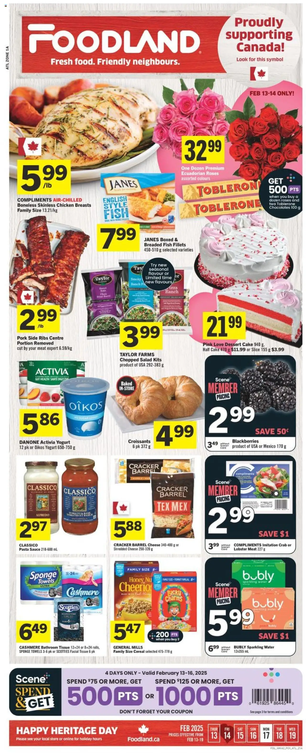 Foodland flyer valid from Feb 13, 2025 - page number 1 - Cheese, Yogurt, Chicken, Fish, Pasta, Salad, Chicken breasts, Sponge