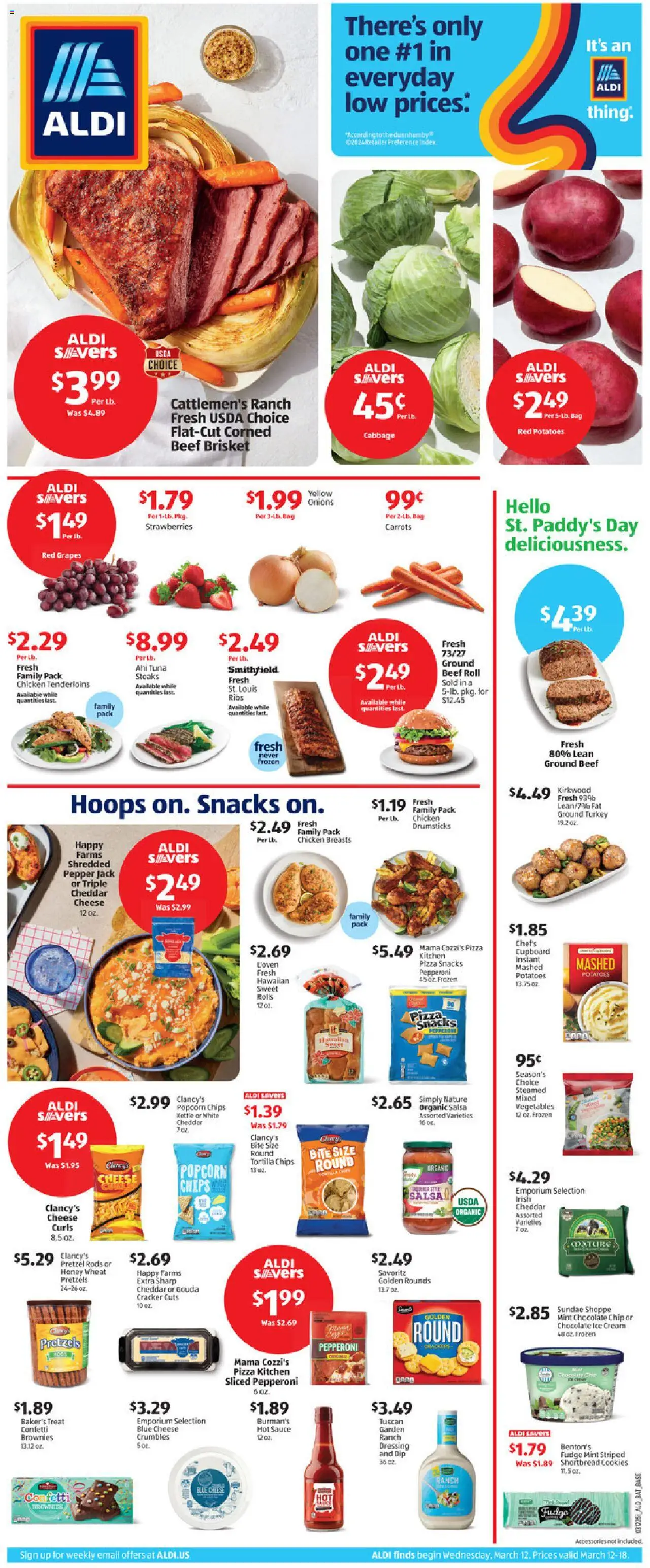 Aldi Weekly Ad from 03/12/2025 - Flyer, Sales ad - Page number 1 - Chocolate, Strawberries, Chips, Cream, Sauce, Pepper, Grapes, Bag