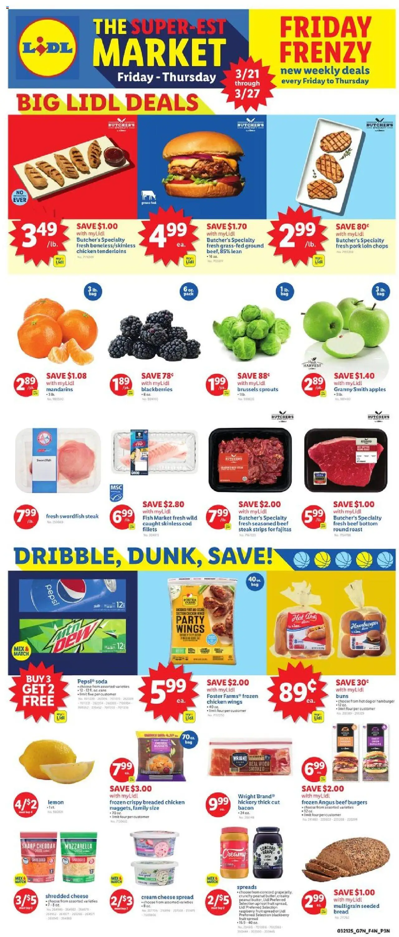Lidl Weekly Ad - GA from 03/21/2025 - Circular, Weekly flyer - Page number 1 - Butter, Pork, Raspberry, Hat, Mandarins, Chicken, Fruit, Pork loin