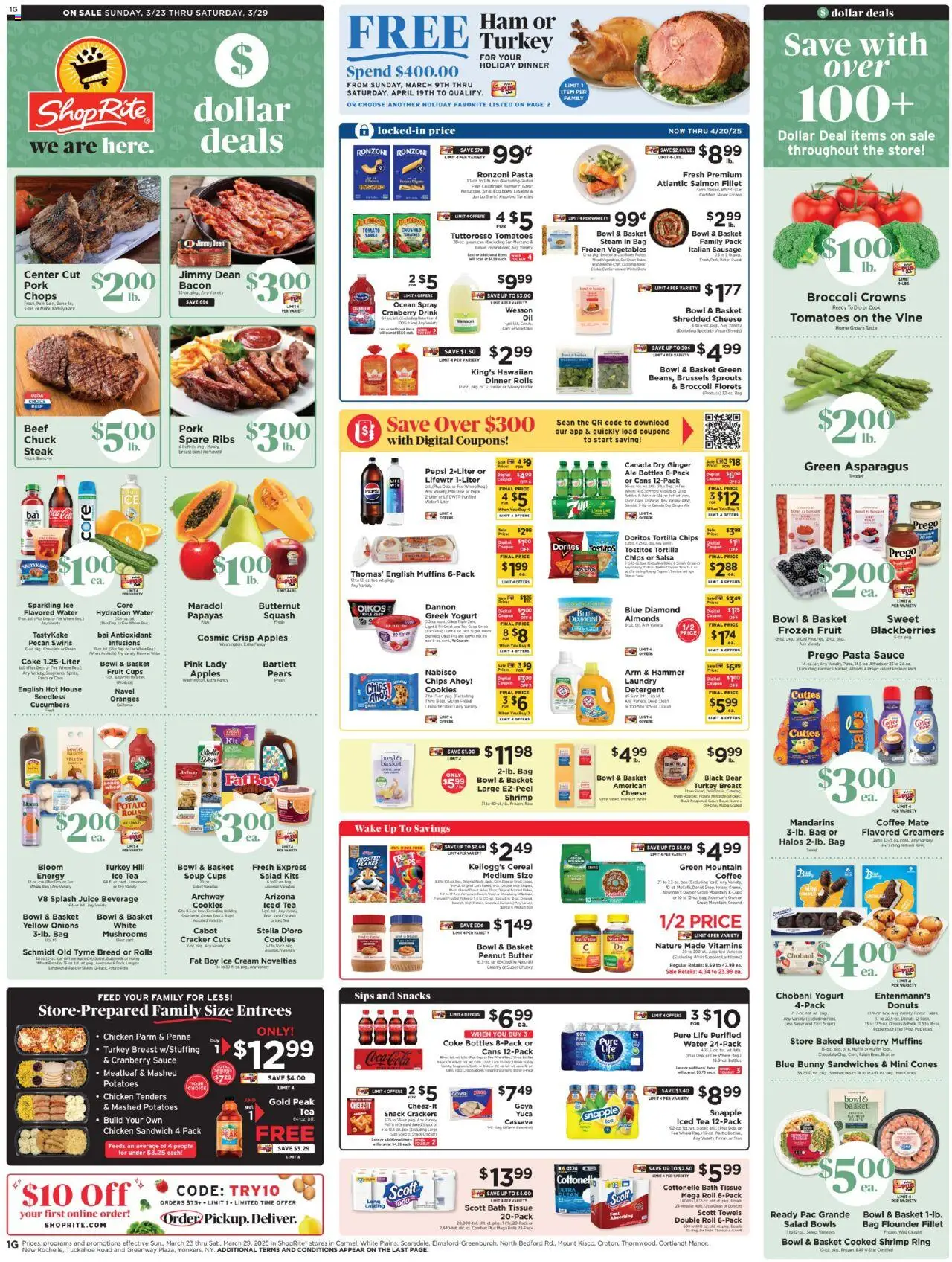 ShopRite Circular from 03/21/2025 >> Weekly Ad, flyer - Page number 1 - Tea, Chips, Cookies, Sauce, Basket, Fanta, Muffins, Bacon