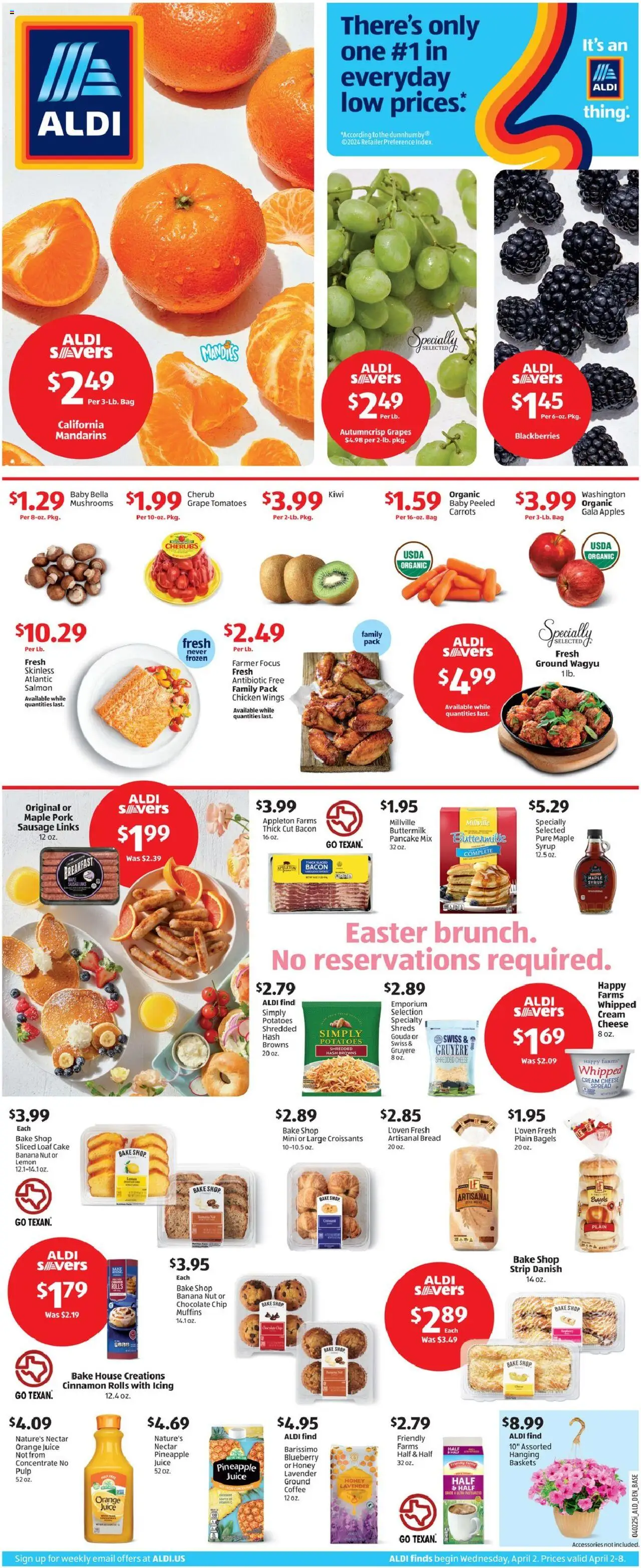 Aldi Weekly Ad from 04/02/2025 - Flyer, Sales ad - Page number 1 - Apples, Sausage, Bag, Croissants, Cream cheese, Salmon, Carrots, Bacon