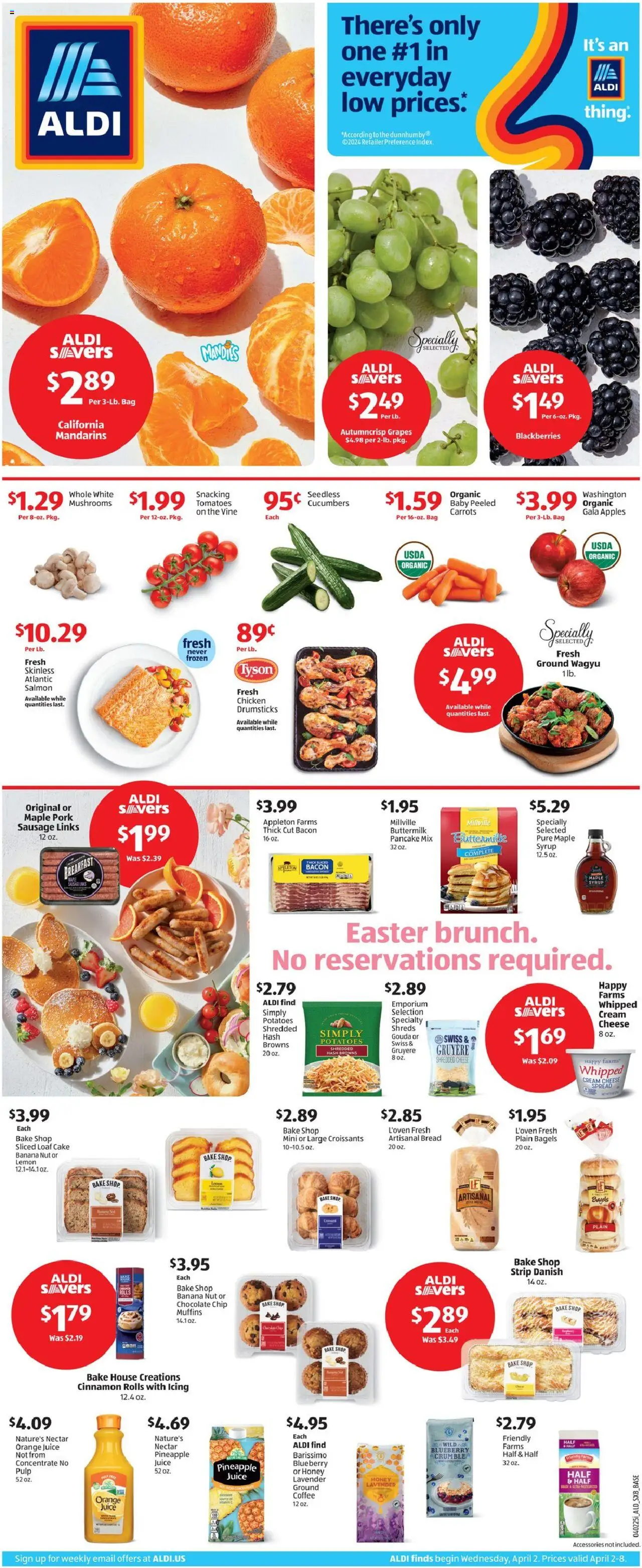 Aldi Weekly Ad from 04/02/2025 - Flyer, Sales ad - Page number 1 - Chocolate, Cucumbers, Potatoes, Bag, Croissants, Cream cheese, Chicken drumsticks, Drumsticks