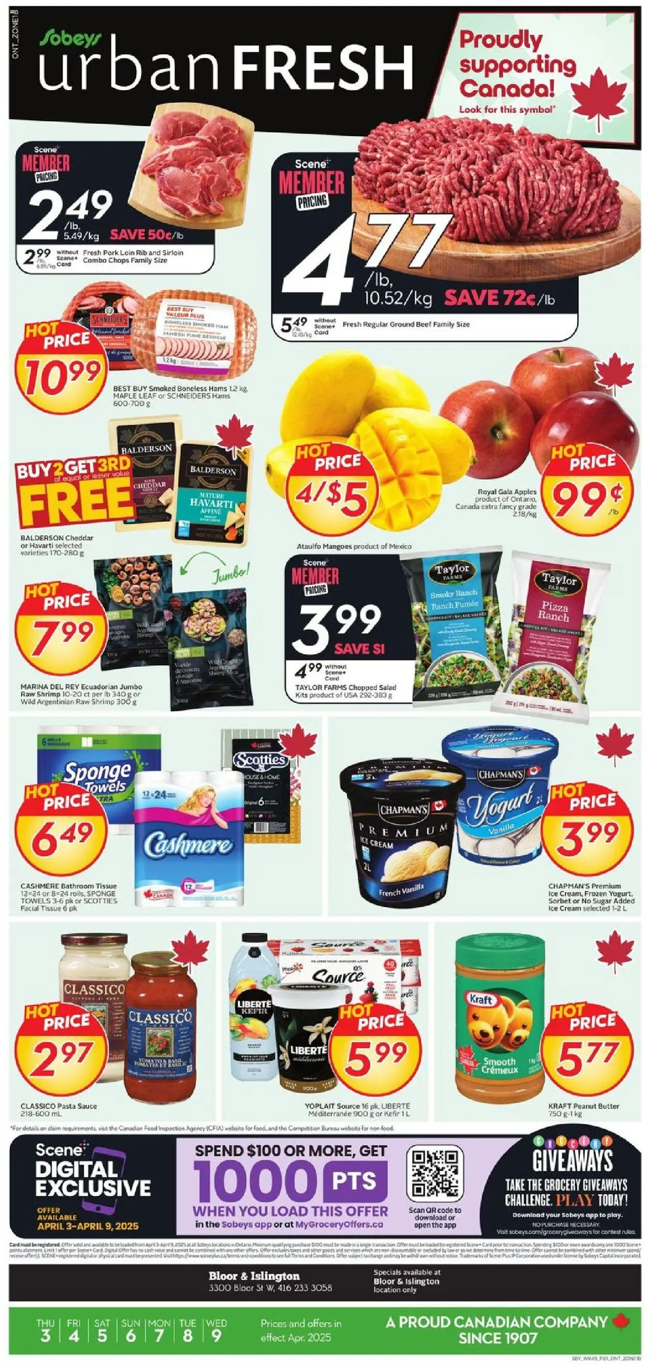 Sobeys flyer valid from Apr 03, 2025 - page number 1 - Yogurt, Pizza, Pork, Ice cream, Cheddar, Ground beef, Kefir, Tomato