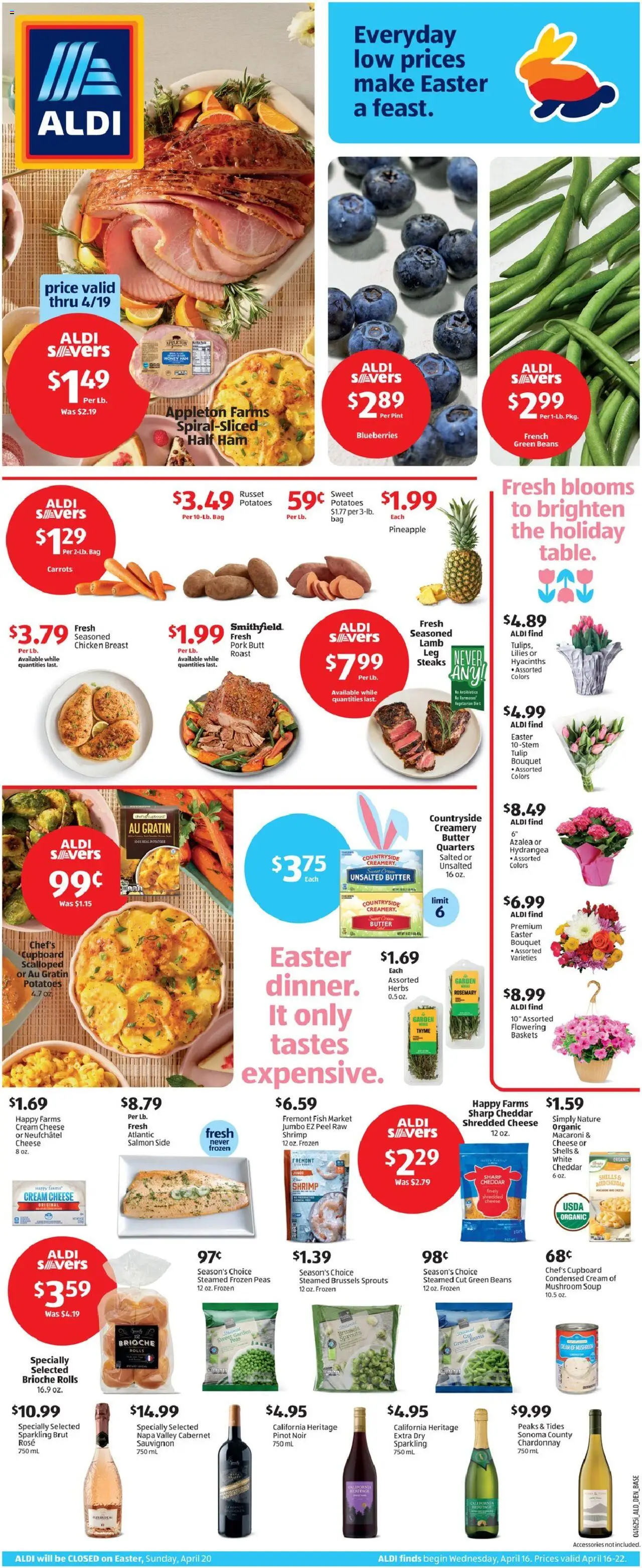 Aldi Weekly Ad from 04/16/2025 - Flyer, Sales ad - Page number 1 - Butter, Cheese, Pineapple, Blueberries, Bag, Cream cheese, Chicken, Honey