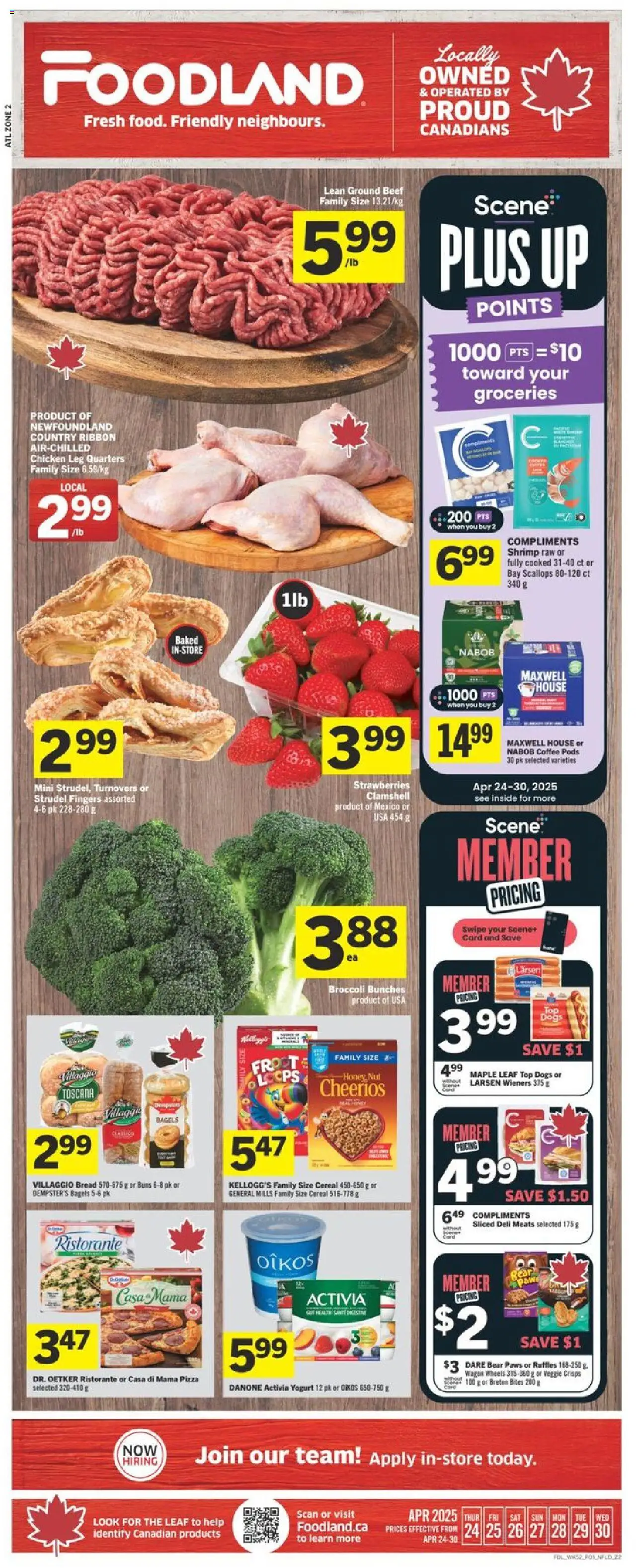 Foodland flyer valid from Apr 24, 2025 - page number 1 - Coffee, Pizza, Chicken, Beef, Strawberries, Broccoli, Shrimp, Crisps