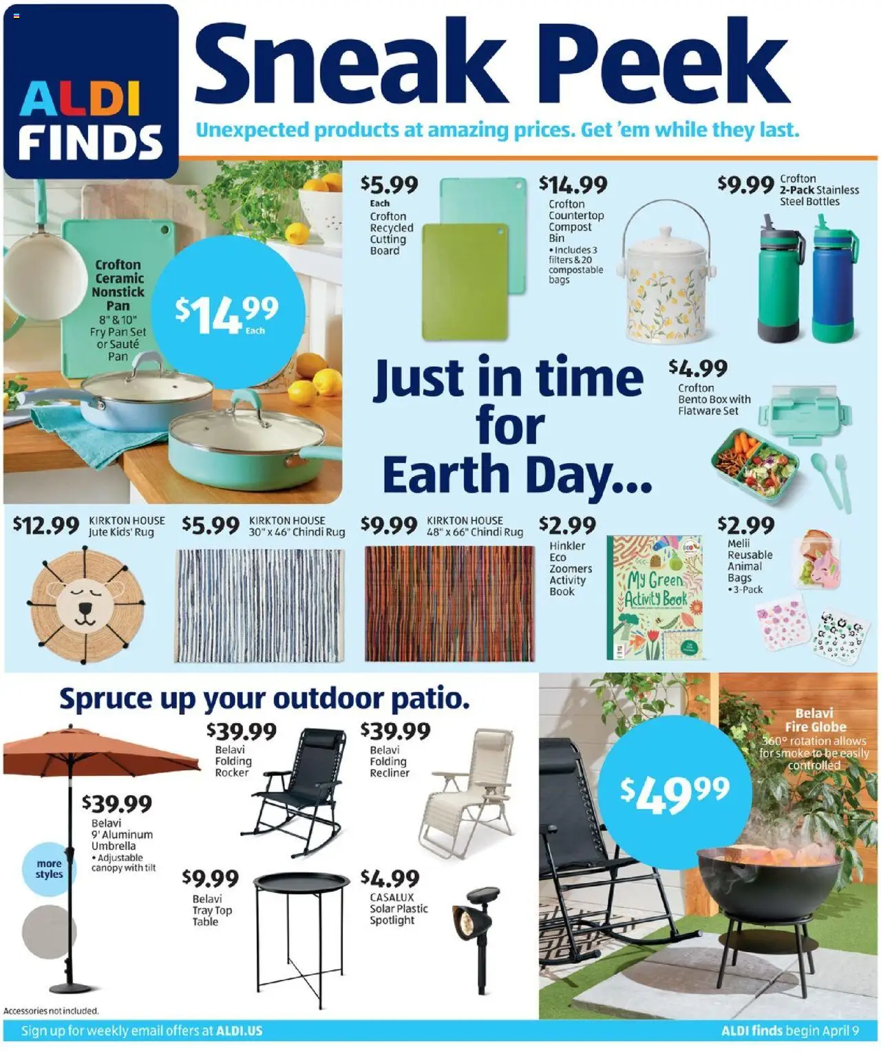 Aldi Weekly Ad from 04/09/2025 - Flyer, Sales ad - Page number 1 - Table, Box, Umbrella, Pan, Recliner