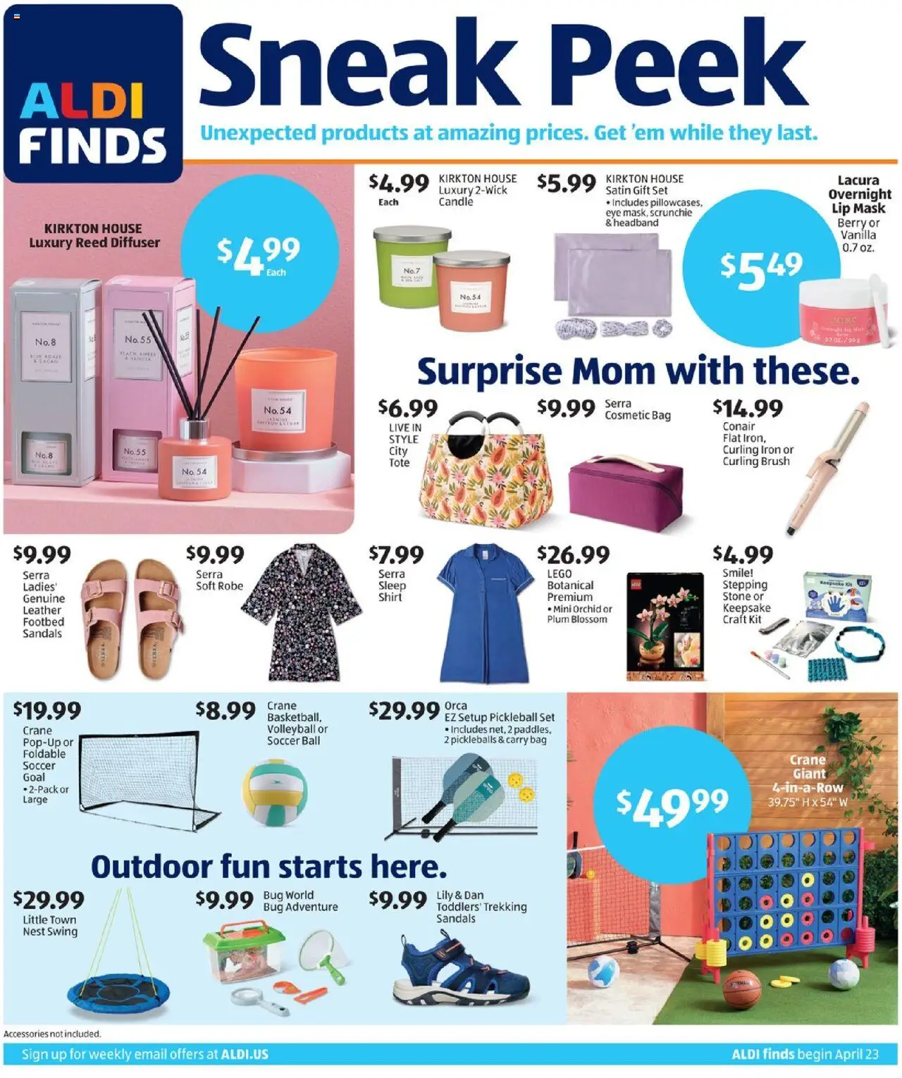 Aldi Weekly Ad from 04/23/2025 - Flyer, Sales ad - Page number 1 - Iron, Curling iron, Brush, Mask, Shirt, Sandals, Orchid, Agave