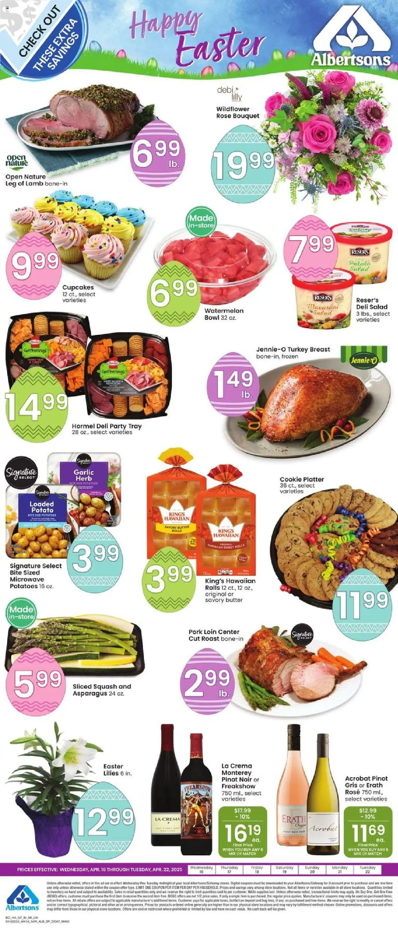 Albertsons Specialty Publication from 04/16/2025 - Flyer - Page number 1 - Butter, Apples, Potatoes, Garlic, Watermelon, Microwave, Turkey breast, Pork loin