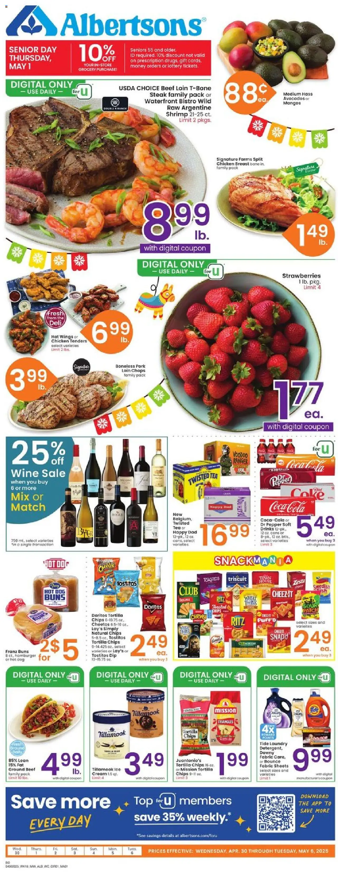 Albertsons Weekly Ad from 04/30/2025 - Flyer - Page number 1 - Fish, Tea, Strawberries, Chips, Hamburger, Shrimp, Chicken, Tortilla chips