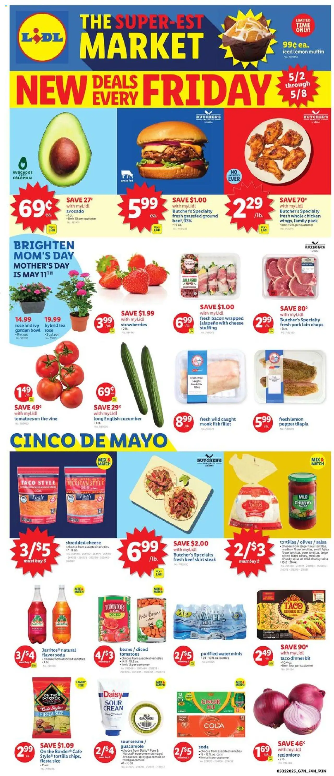 Lidl Weekly Ad - GA from 05/02/2025 - Circular, Weekly flyer - Page number 1 - Fish, Tea, Cream, Lemon, Muffin, Beans, Olives, Tortillas