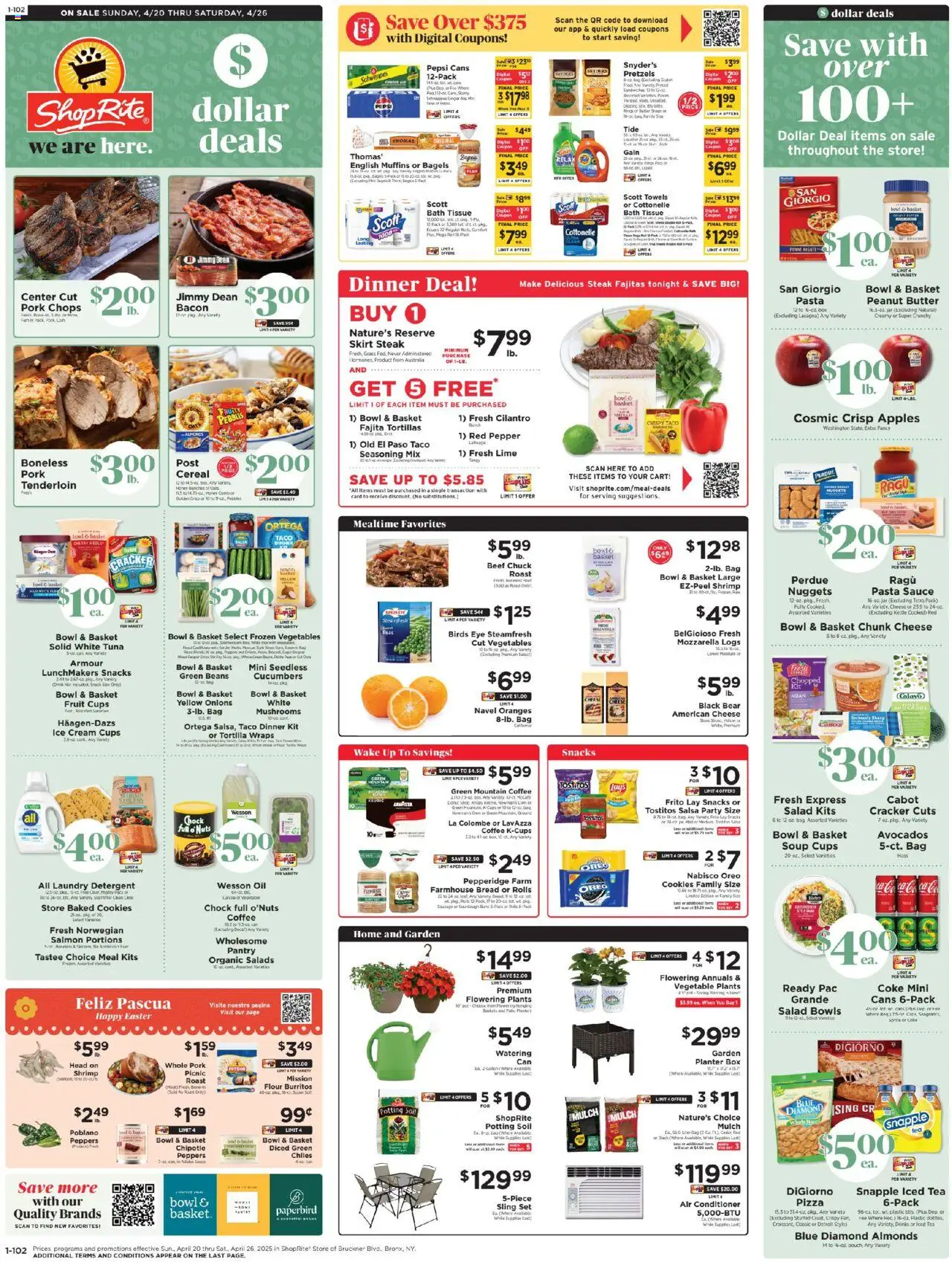 ShopRite Circular from 04/20/2025 >> Weekly Ad, flyer - Page number 1 - Pork, Oranges, Cookies, Bath, Soil, Beef chuck, Laundry detergent, Tortillas