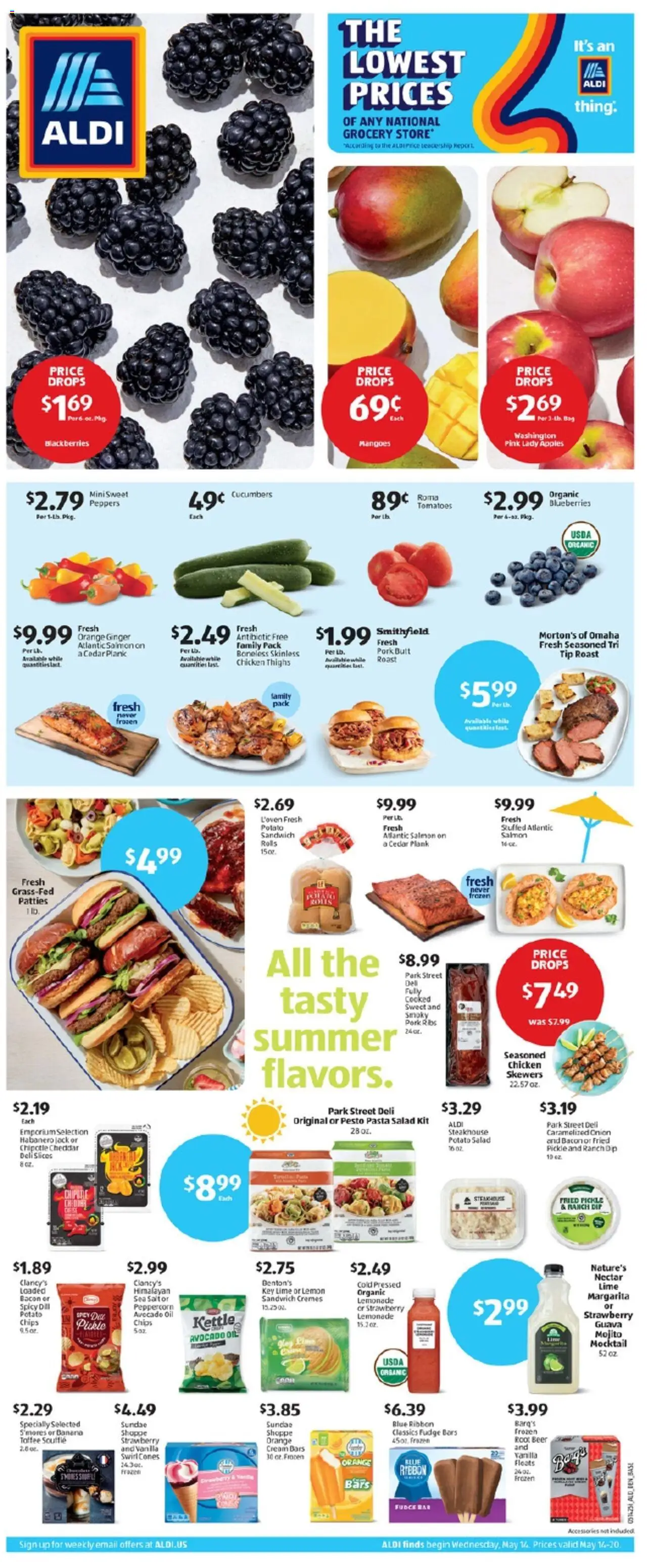 Aldi Weekly Ad from 05/14/2025 - Flyer, Sales ad - Page number 1 - Oil, Pork, Apples, Cream, Dill, Chicken thighs, Pesto, Bacon