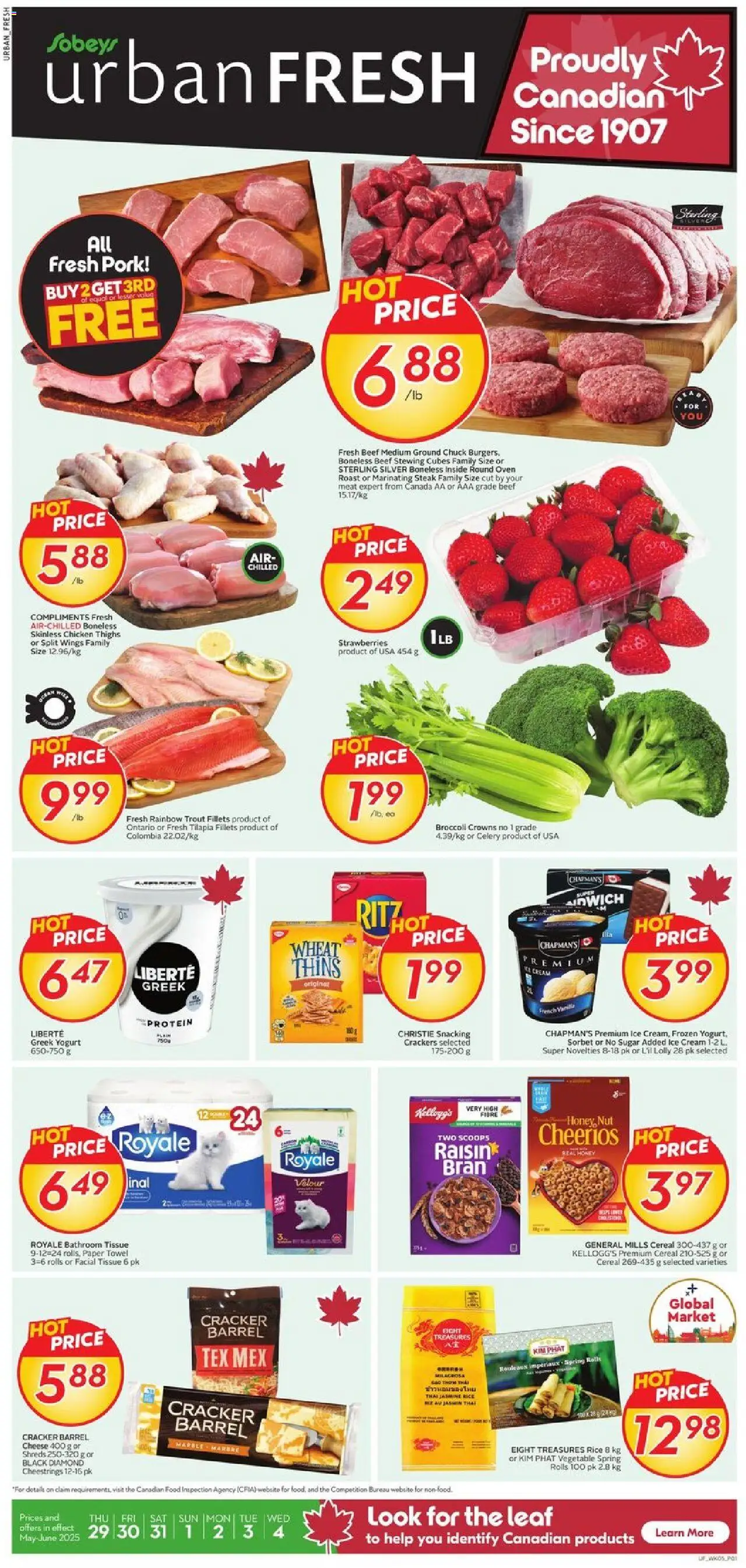 Sobeys flyer valid from May 29, 2025 - page number 1 - Chicken, Jasmine rice, Crackers, Chicken thighs, Protein, Trout, Roast, Tilapia