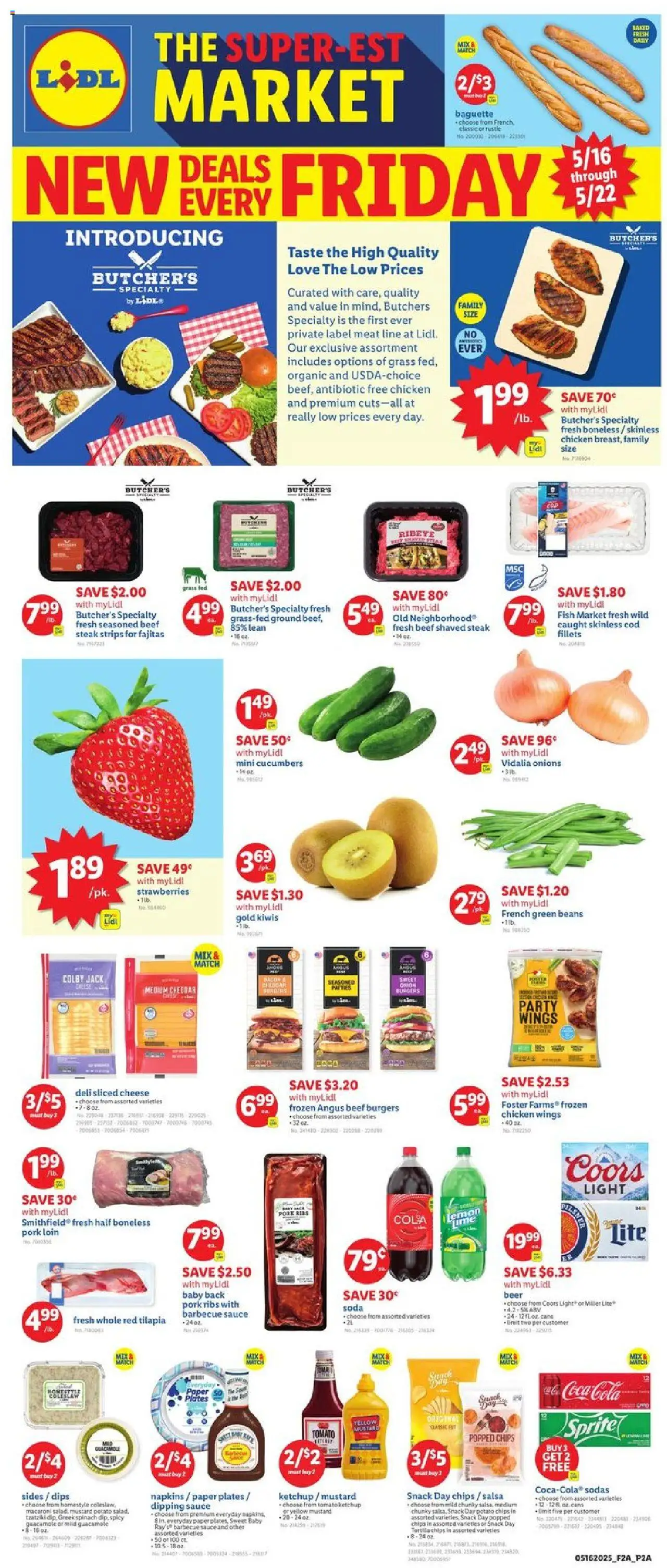 Lidl Weekly Ad from 05/16/2025 - Circular, Weekly flyer - Page number 1 - Guacamole, Mustard, Paper plates, Sliced cheese, Tomato, Steak, Tilapia, Pork loin