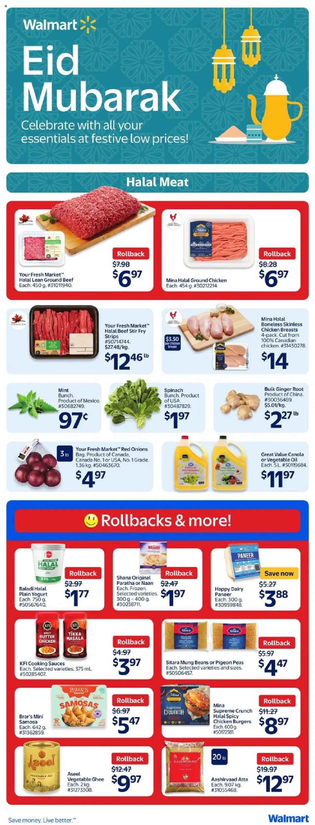 Walmart flyer valid from May 29, 2025 - page number 1 - Yogurt, Oil, Chicken breasts, Burgers, Beans, Ghee, Ground beef, Strips