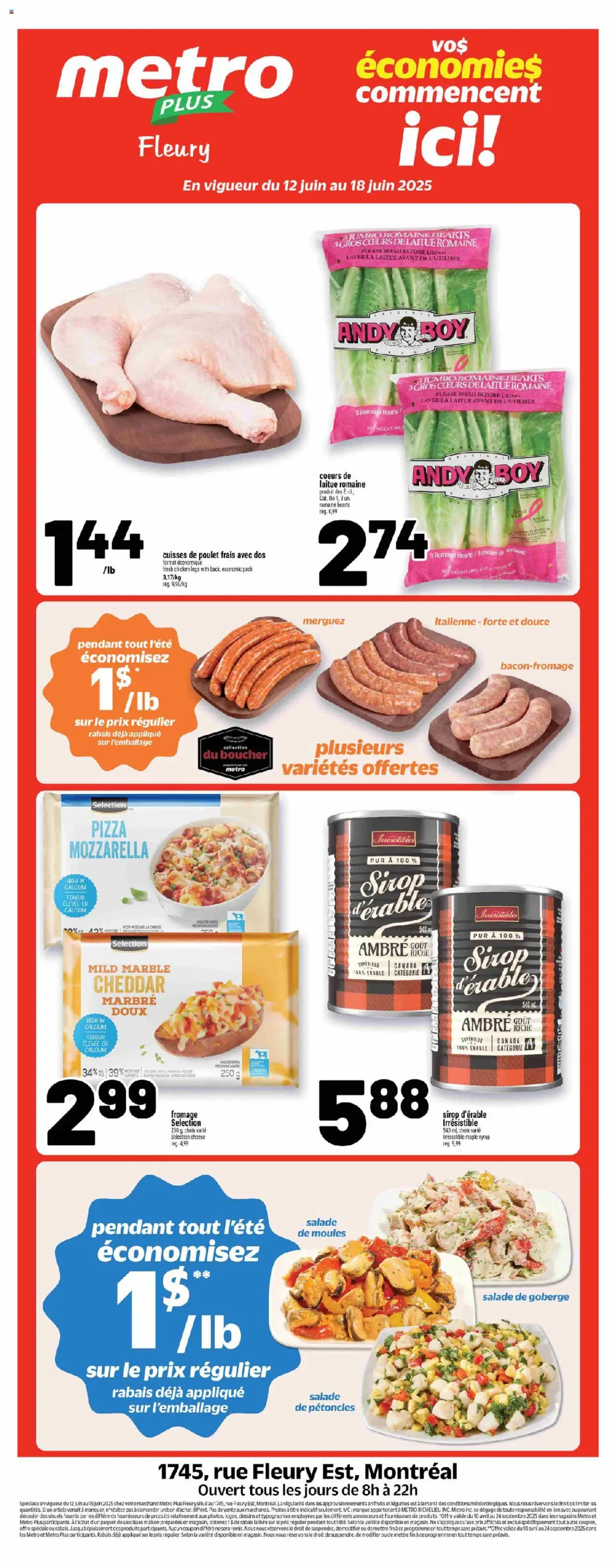 Metro flyer valid from Jun 12, 2025 - page number 1 - Cheese, Pizza, Chicken, Cheddar, Maple syrup, Mozzarella, Syrup, Legumes