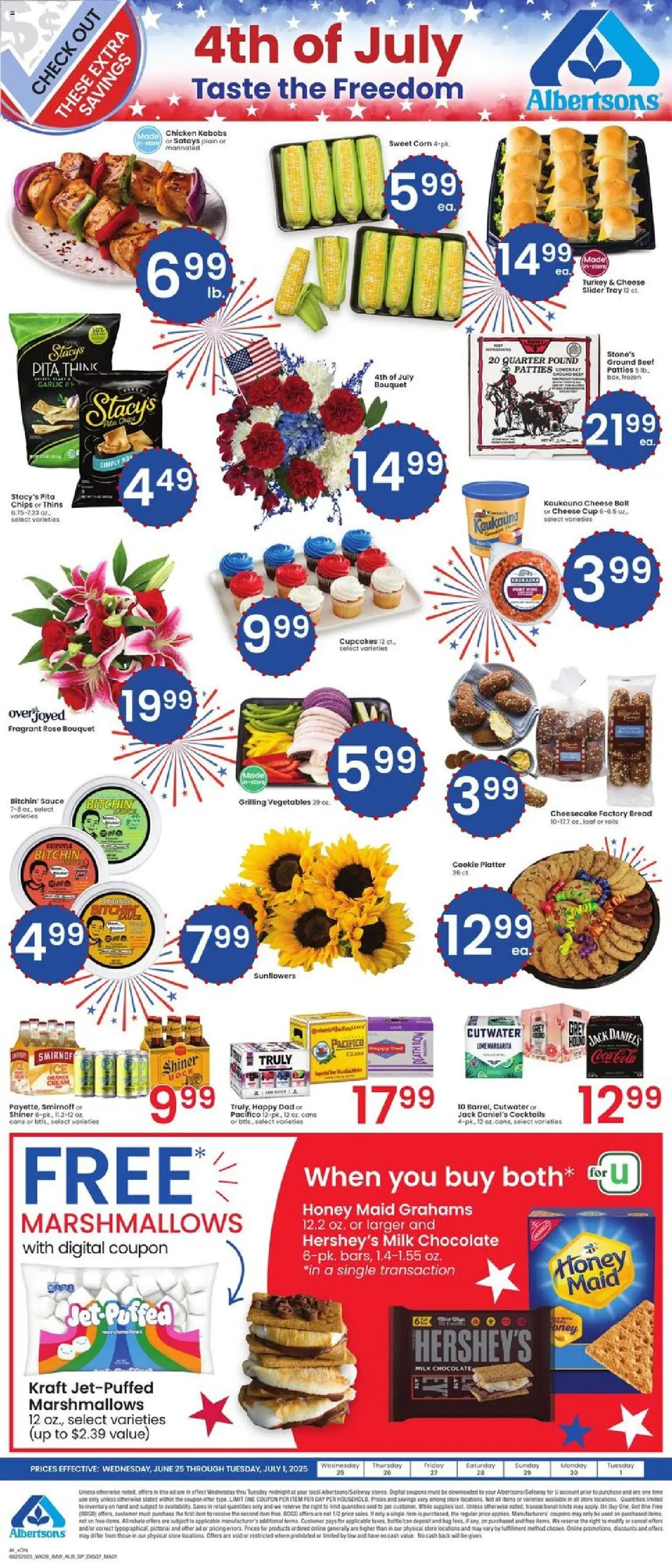 Albertsons Specialty Publication from 06/25/2025 - Flyer - Page number 1 - Chocolate, Beef, Lime, Corn, Cheesecake, Jack Daniel's, Cocktails, Turkey