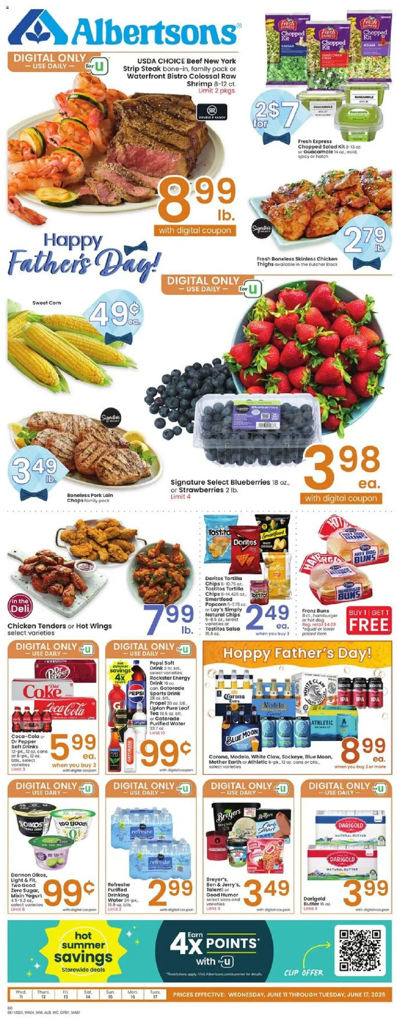 Albertsons Weekly Ad from 06/11/2025 - Flyer - Page number 1 - Pork, Salad, Pepper, Blueberries, Shrimp, Chicken thighs, Tortilla chips, Pork loin