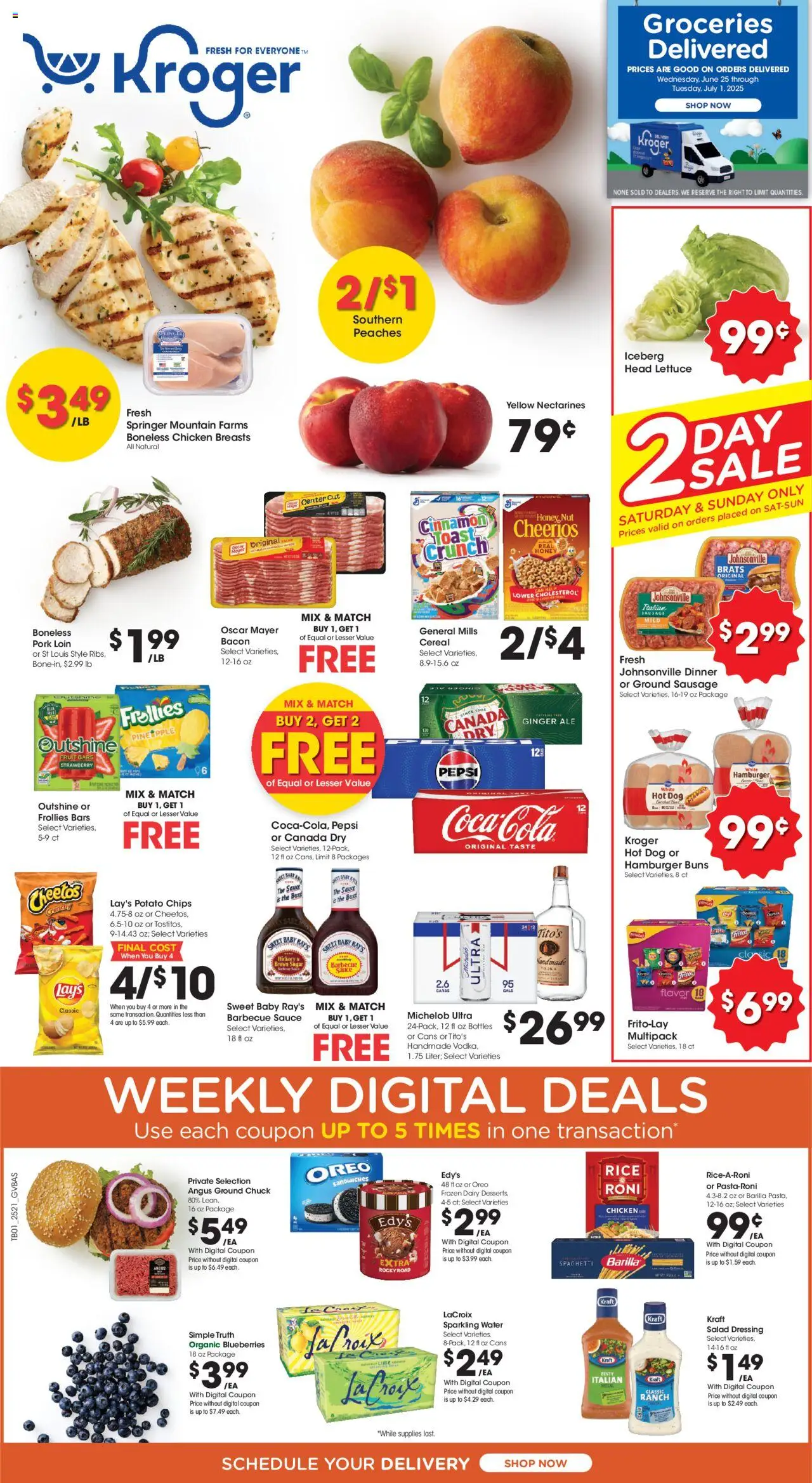 Kroger Weekly ads from 06/25/2025 >> Ad for next week - Page number 1 - Pineapple, Water, Sugar, Lettuce, Barilla, Potato chips, Dressing, Chicken