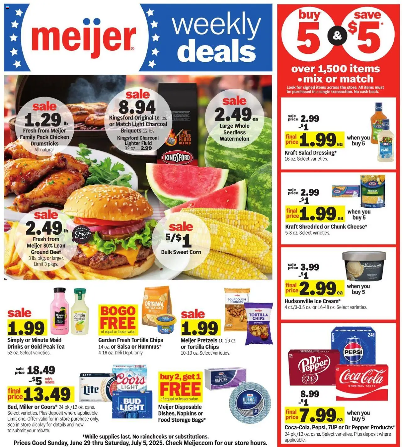MEIJER AD from 06/29/2025 - Weekly Ad - PREVIEW - Page number 1 - Beef, Pepper, Corn, Charcoal, Ground beef, Ice, Drumsticks, Tortilla chips