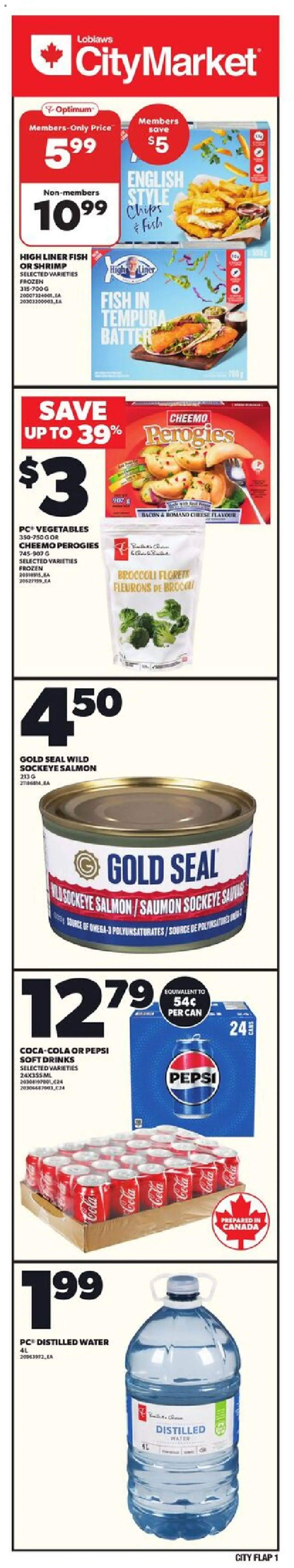 Loblaws flyer valid from Jul 24, 2025 - page number 1 - Fish, Bacon, Water, Broccoli, Vegetables, Pepsi, Shrimp, Drinks