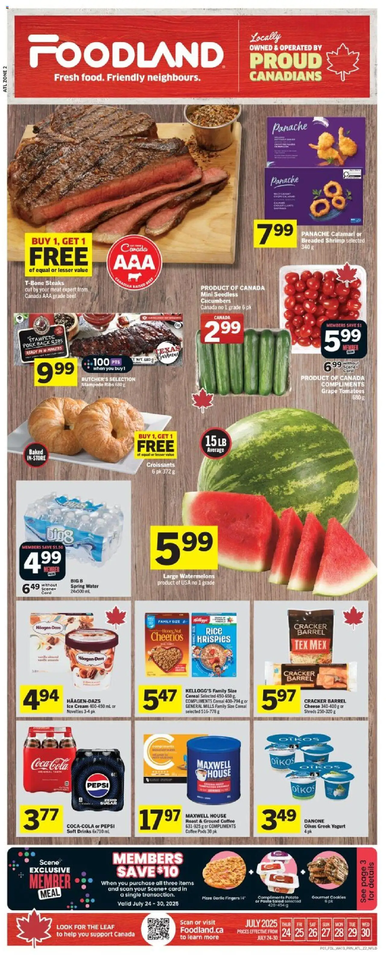 Foodland flyer valid from Jul 24, 2025 - page number 1 - Beef, Cream, Cucumbers, Salad, Roast, Honey, Cheese, Yogurt