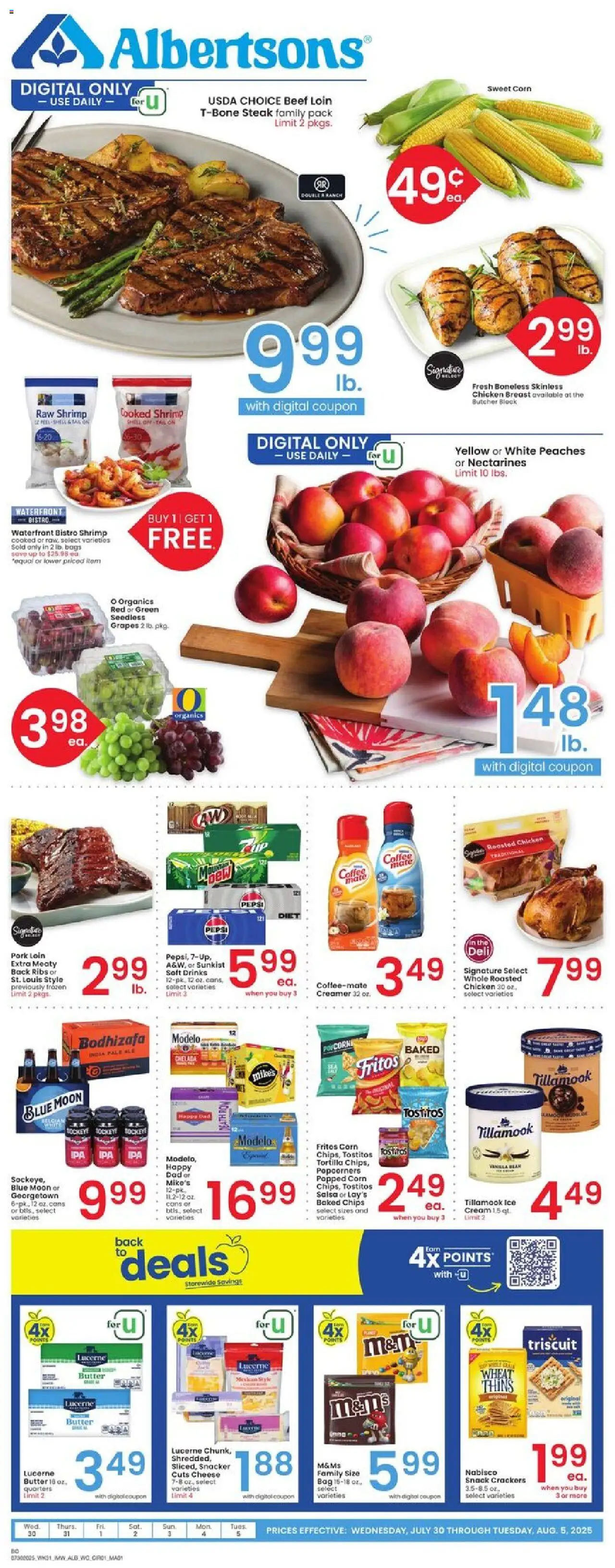 Albertsons Weekly Ad from 07/30/2025 - Flyer - Page number 1 - Corn, Crackers, Peaches, Nectarines, Shrimp, Popcorn, Cheese, Seedless grapes