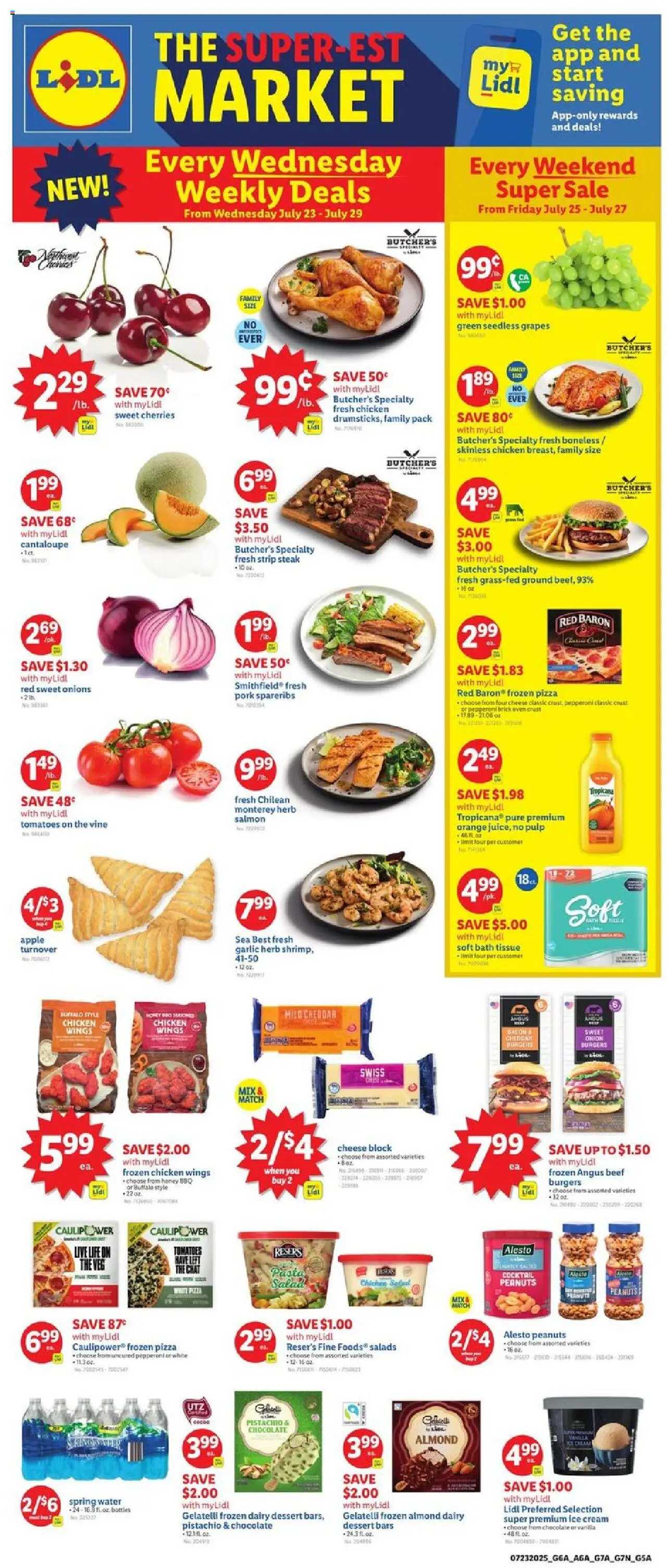 Lidl Weekly Ad - NC from 07/23/2025 - Circular, Weekly flyer - Page number 1 - Spring water, Chicken, Chocolate, Tomatoes, Garlic, Grapes, Frozen pizza, Oven