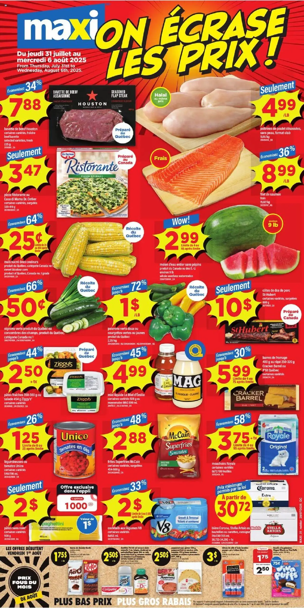 Maxi flyer valid from Jul 31, 2025 - page number 1 - Beef, Cocktails, Mayonnaise, Steak, Legumes, Watermelon, Seedless watermelon, Pizza