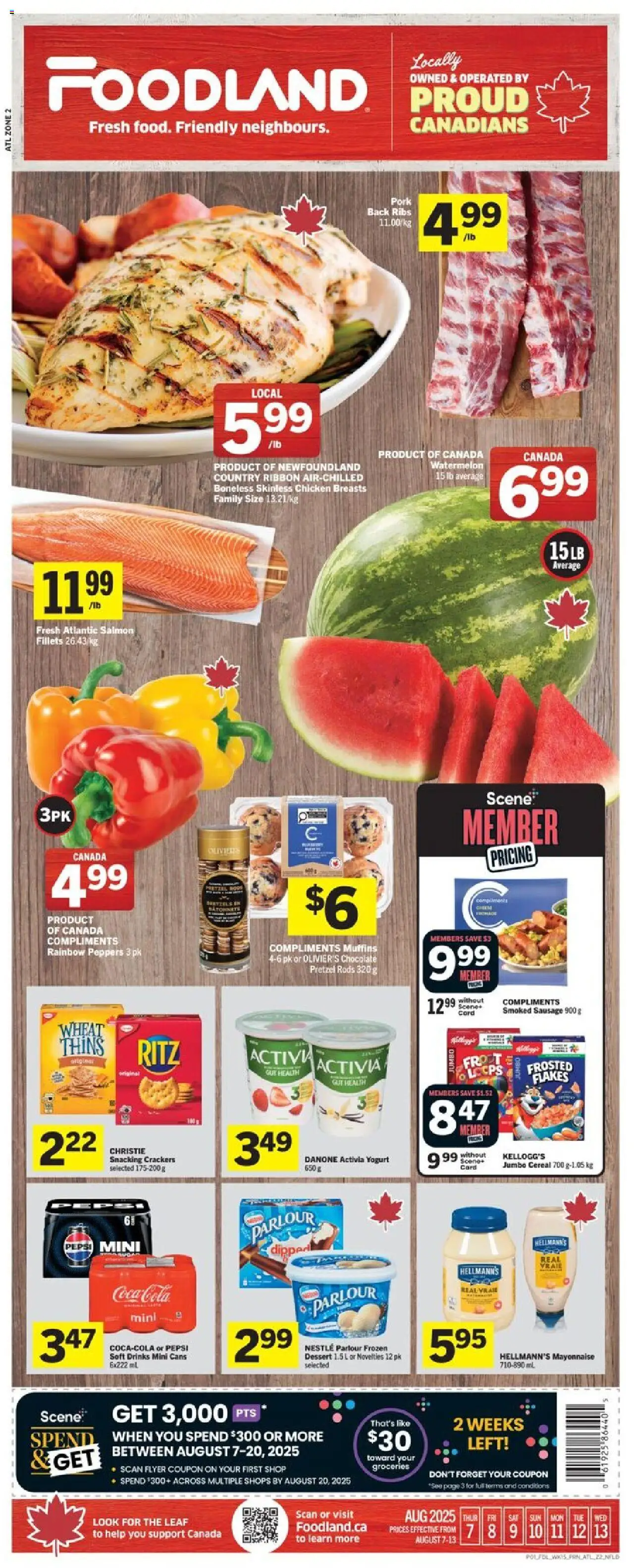 Foodland flyer valid from Aug 07, 2025 - page number 1 - Chicken, Chocolate, Drinks, Yogurt, Pepsi, Pork, Mayonnaise, Flakes
