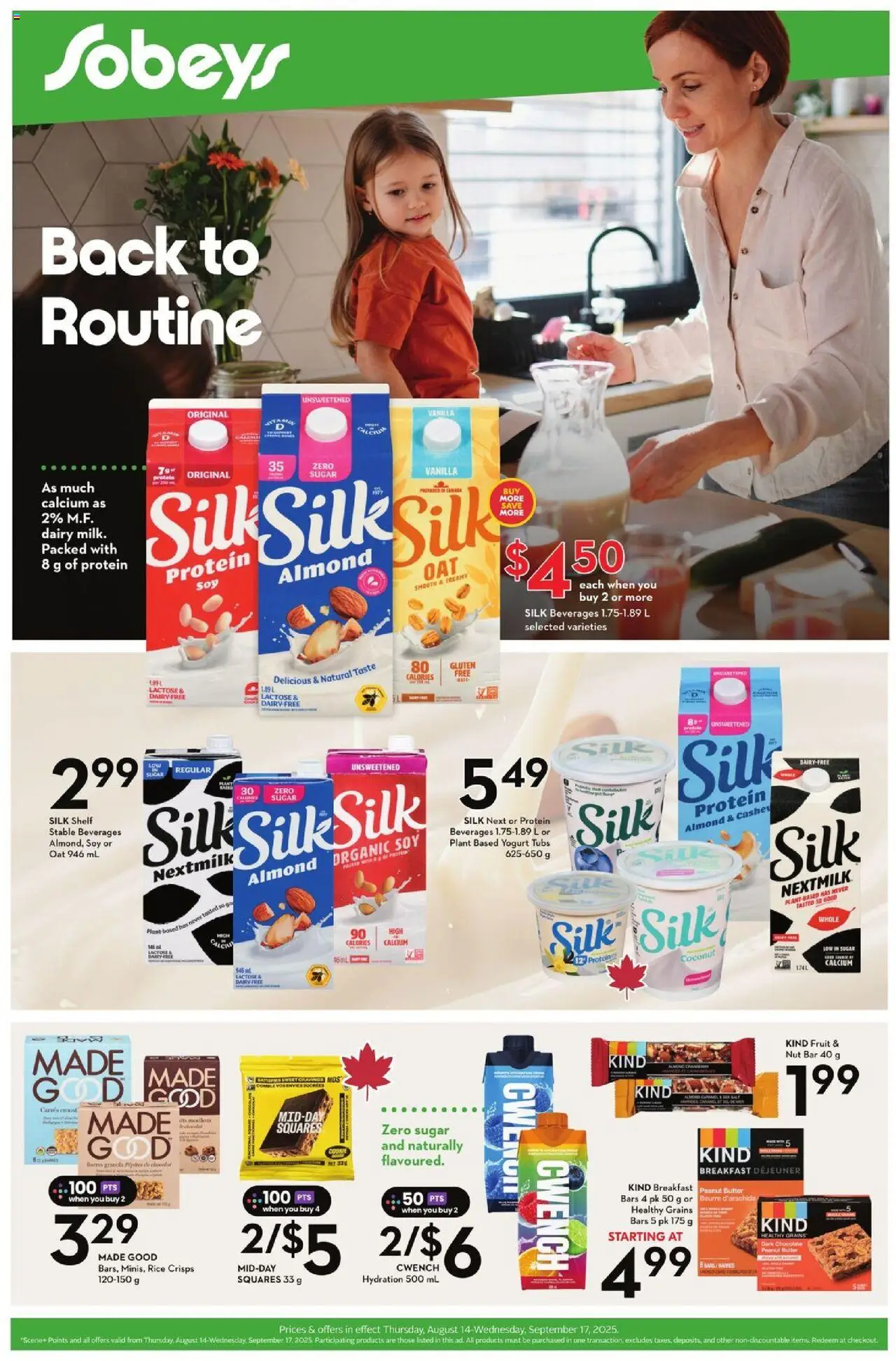 Sobeys flyer valid from Aug 14, 2025 - page number 1 - Yogurt, Protein, Shelf, Butter, Sugar, Peanut butter, Grains, Crisps