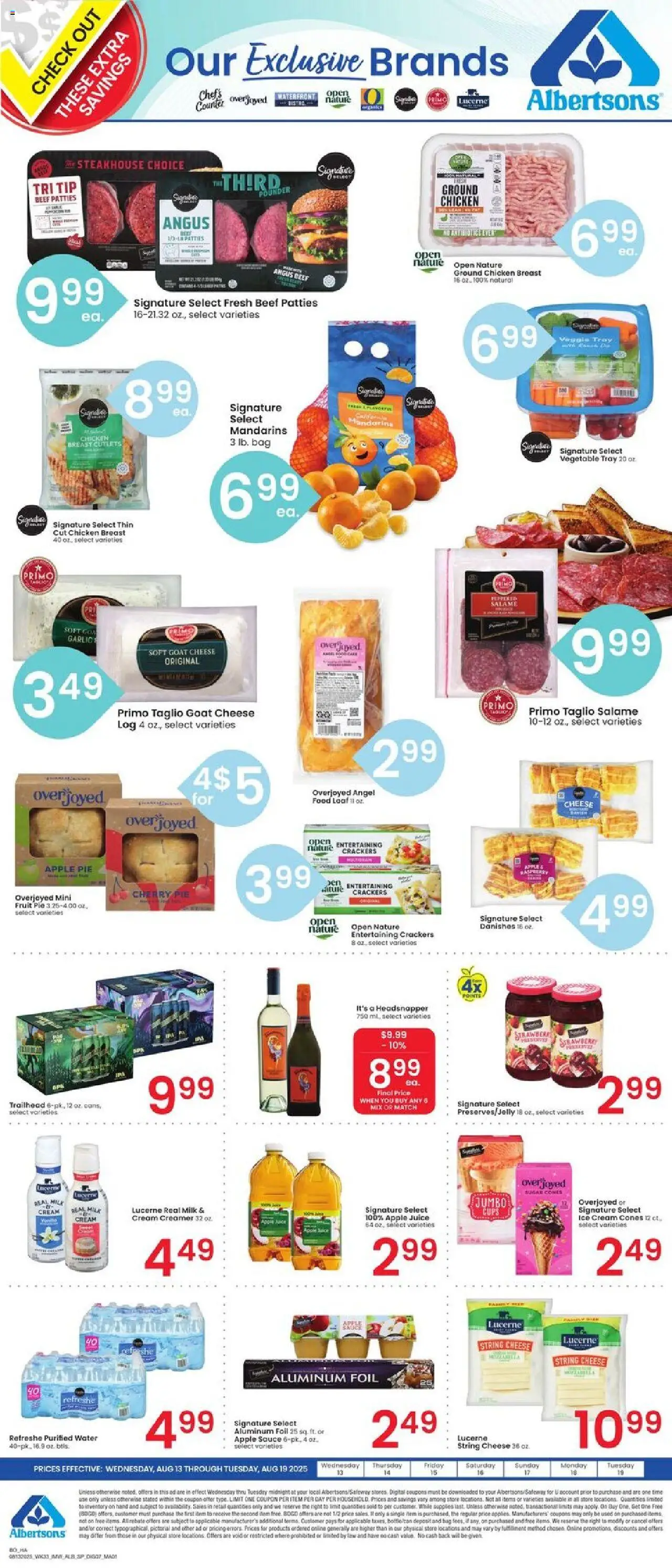 Albertsons Specialty Publication from 08/13/2025 - Flyer - Page number 1 - Ice cream, Water, Milk, Ground beef, Cream, Foil, Aluminum foil, Chicken