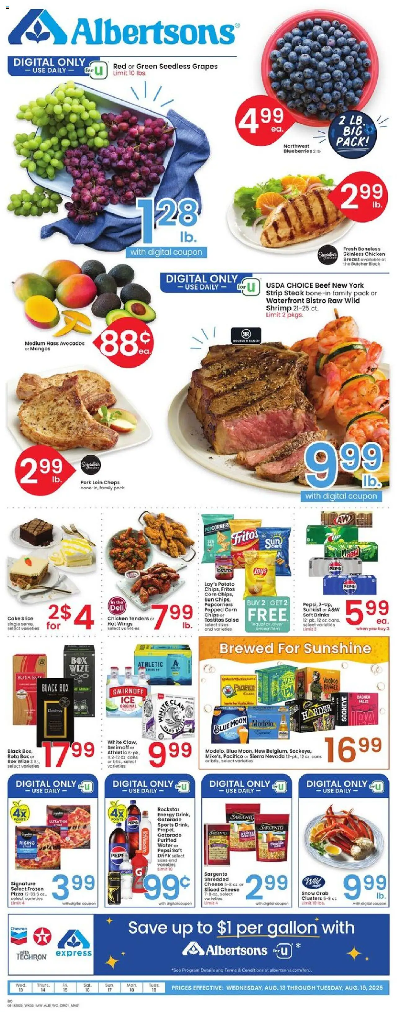 Albertsons Weekly Ad from 08/13/2025 - Flyer - Page number 1 - Cake, Steak, Box, Chips, Cheese, Pepsi, Pork loin, Sliced cheese