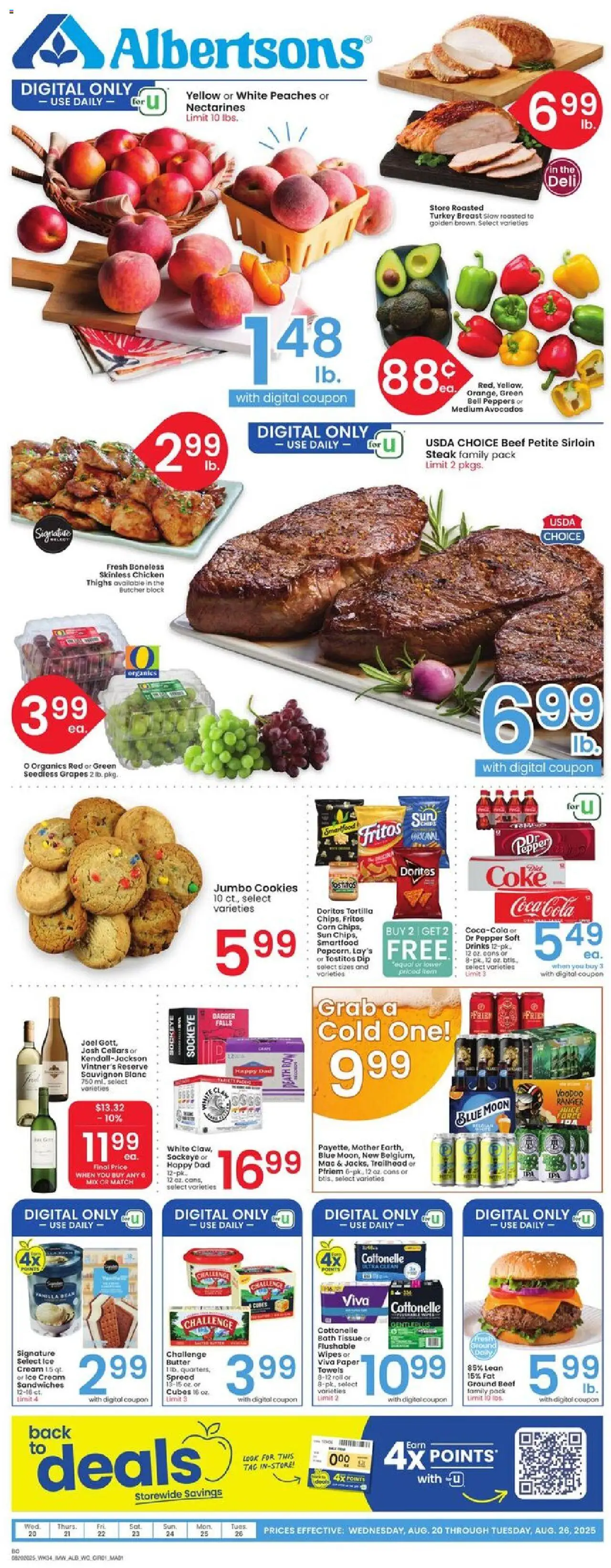Albertsons Weekly Ad from 08/20/2025 - Flyer - Page number 1 - Ice cream, Cookies, Ice, Juice, Bath, Chicken thighs, Nectarines, Chicken