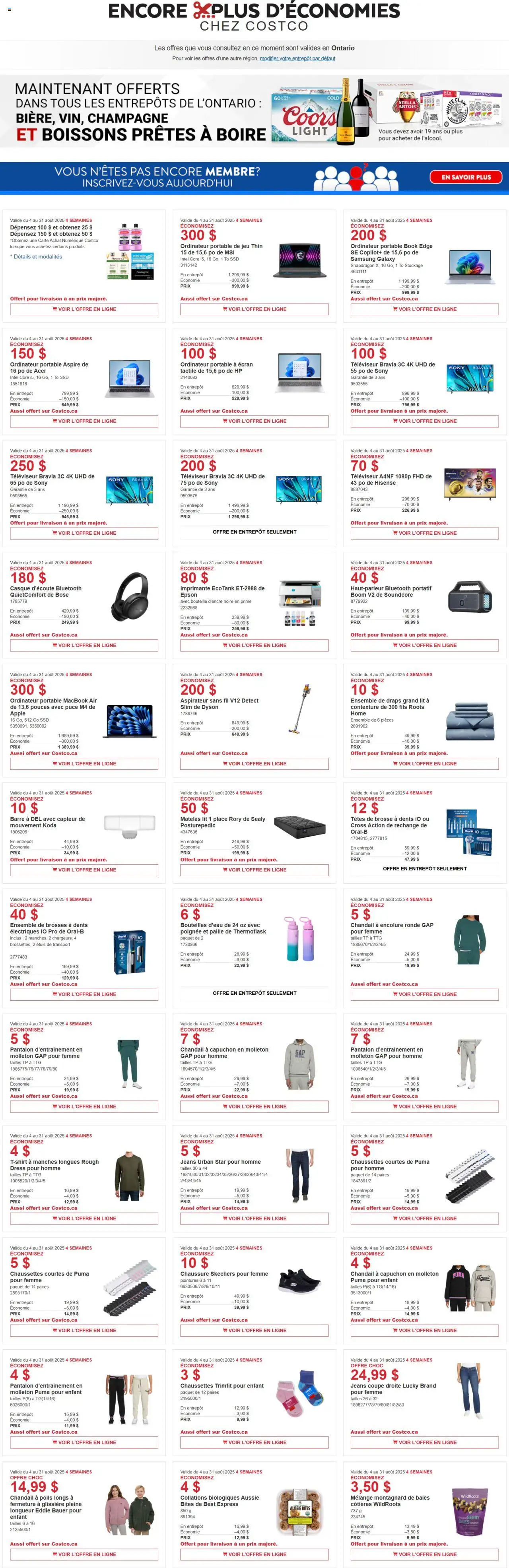 Costco flyer valid from Aug 04, 2025 - page number 1 - Matelas, Aspirateur, Lit, Aspirateur sans fil, Chaussettes, Collations, Brosse à dents, Boissons