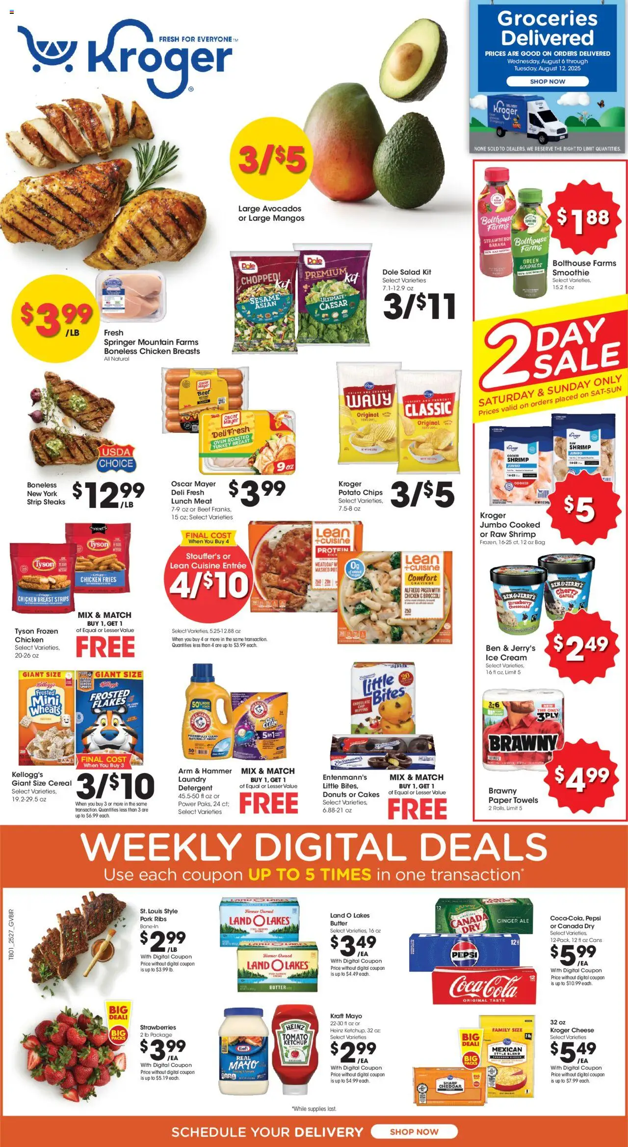 Kroger Weekly ads from 08/06/2025 >> Ad for next week - Page number 1 - Pasta, Strawberries, Broccoli, Protein, Bag, Pork, Turkey breast, Pork ribs
