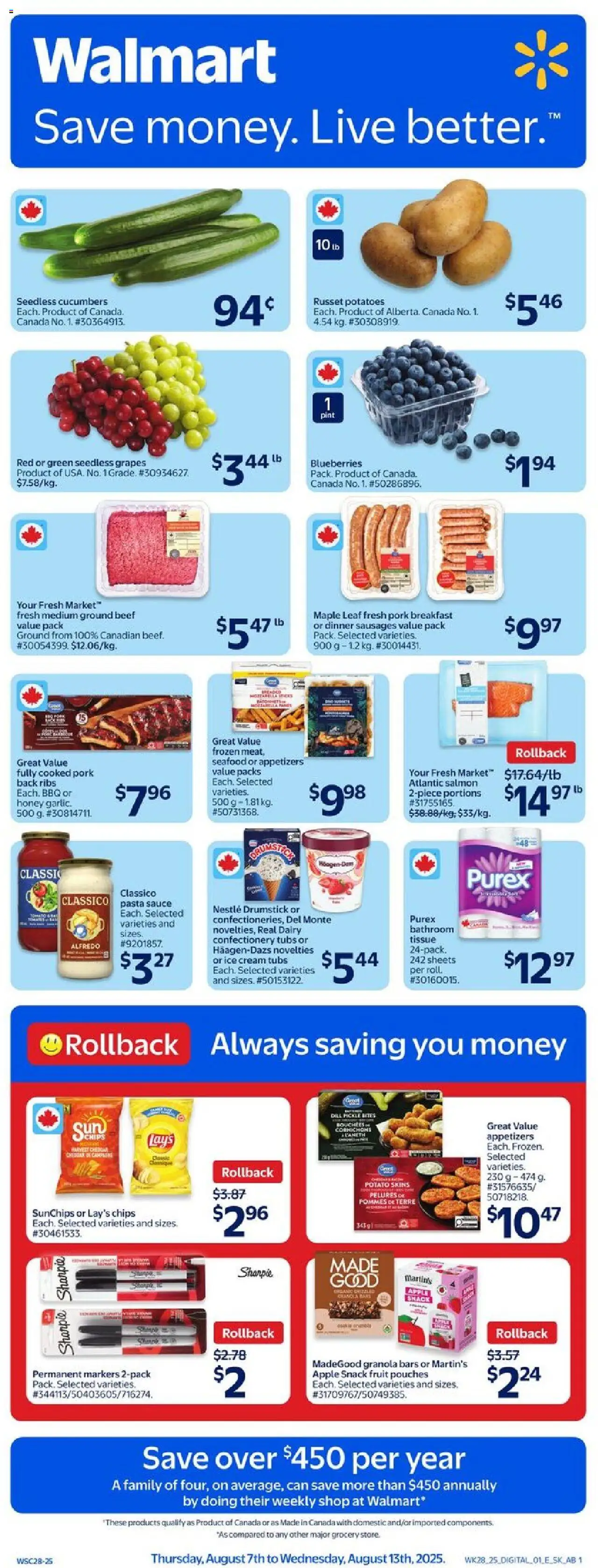 Walmart flyer valid from Aug 07, 2025 - page number 1 - Cornichons, Pommes de terre, Pommes