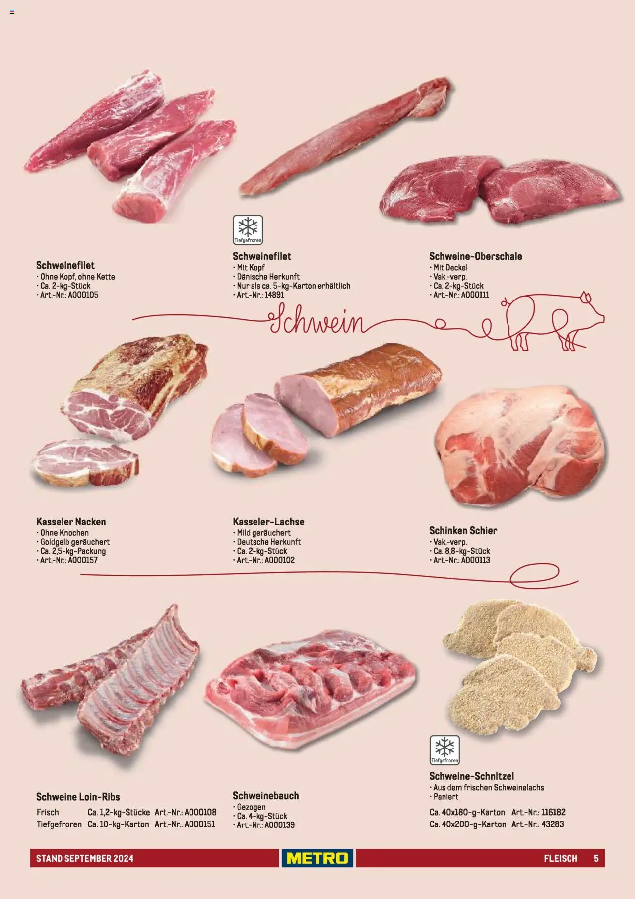 Metro  Sortimentskatalog Lieferservice – gültig ab 17.09.2024 | Seite: 5 | Produkte: Schweinefilet, Kasseler nacken, Schinken, Fleisch