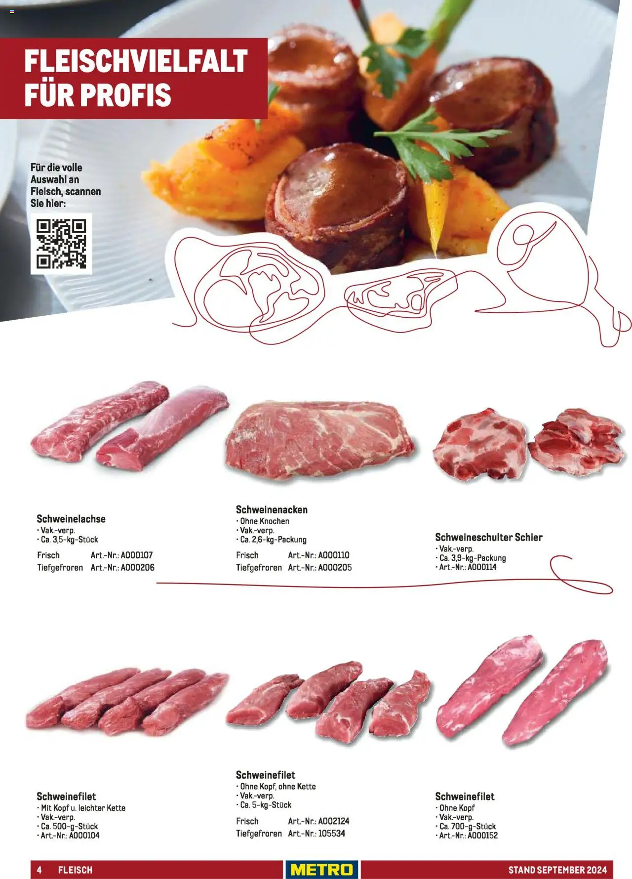 Metro  Sortimentskatalog Lieferservice – gültig ab 17.09.2024 | Seite: 4 | Produkte: Schweinenacken, Schweinefilet, Fleisch
