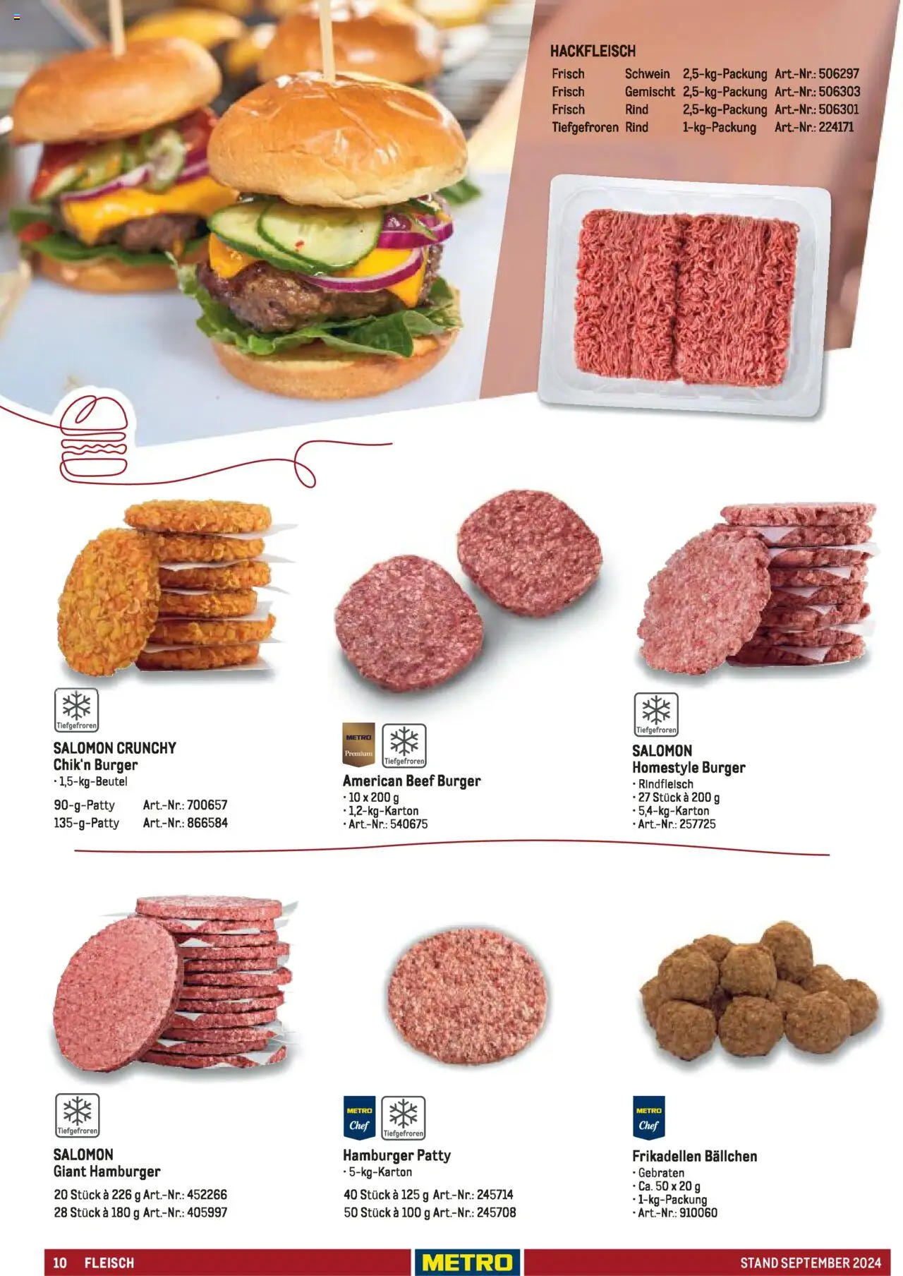 Metro  Sortimentskatalog Lieferservice – gültig ab 17.09.2024 | Seite: 10 | Produkte: Burger, Rindfleisch, Fleisch, Hackfleisch