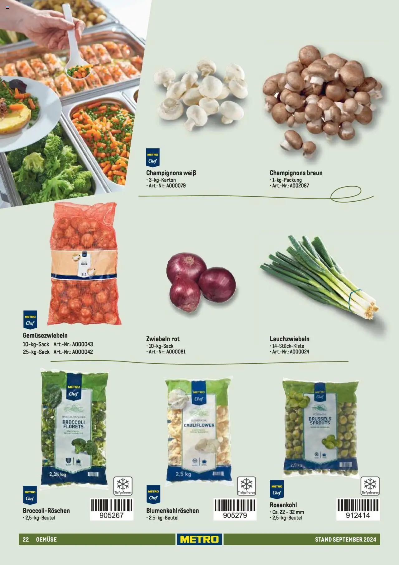 Metro  Sortimentskatalog Lieferservice – gültig ab 17.09.2024 | Seite: 22 | Produkte: Champignons, Zwiebeln, Gemüse