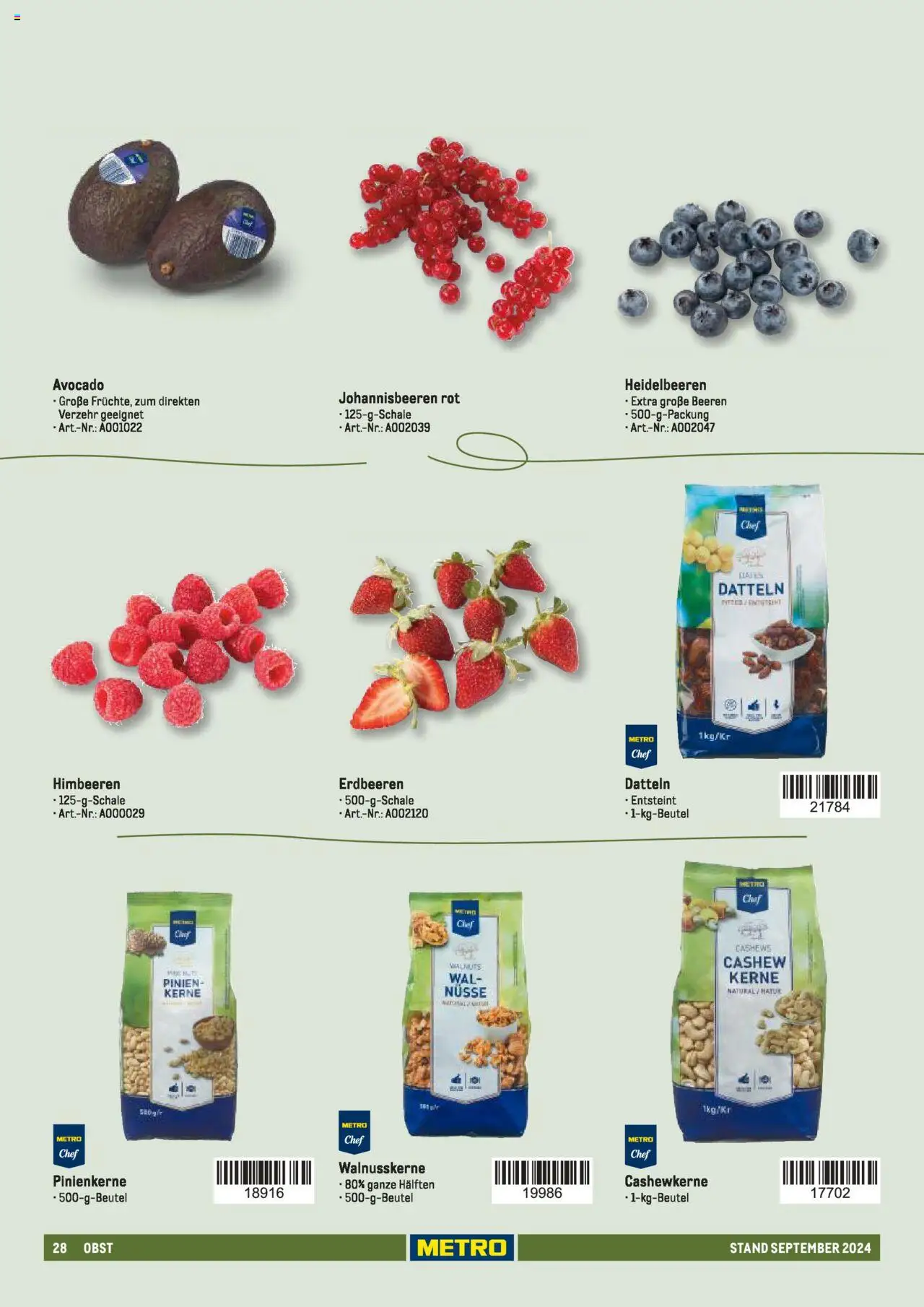 Metro  Sortimentskatalog Lieferservice – gültig ab 17.09.2024 | Seite: 28 | Produkte: Himbeeren, Avocado, Obst, Erdbeeren