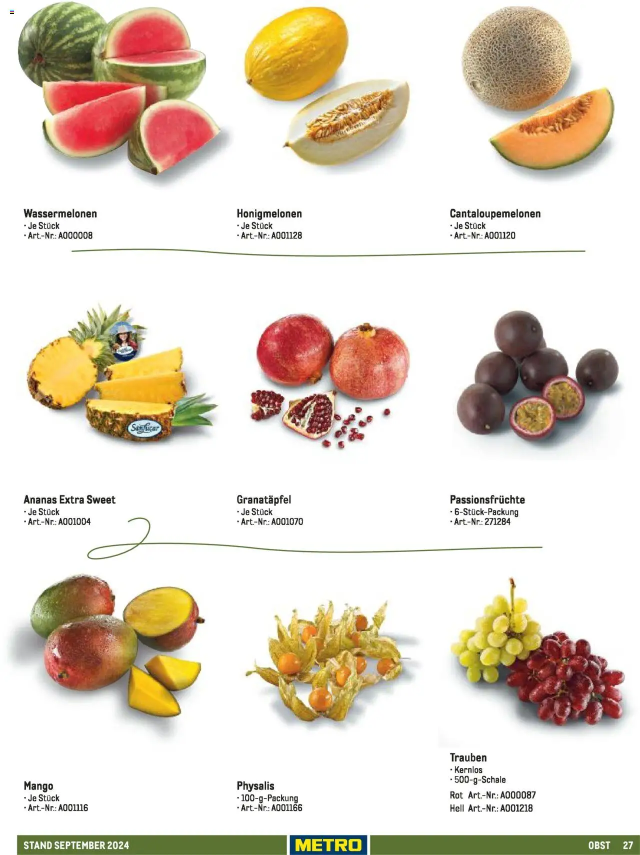 Metro  Sortimentskatalog Lieferservice – gültig ab 17.09.2024 | Seite: 27 | Produkte: Granatapfel, Trauben, Ananas, Mango