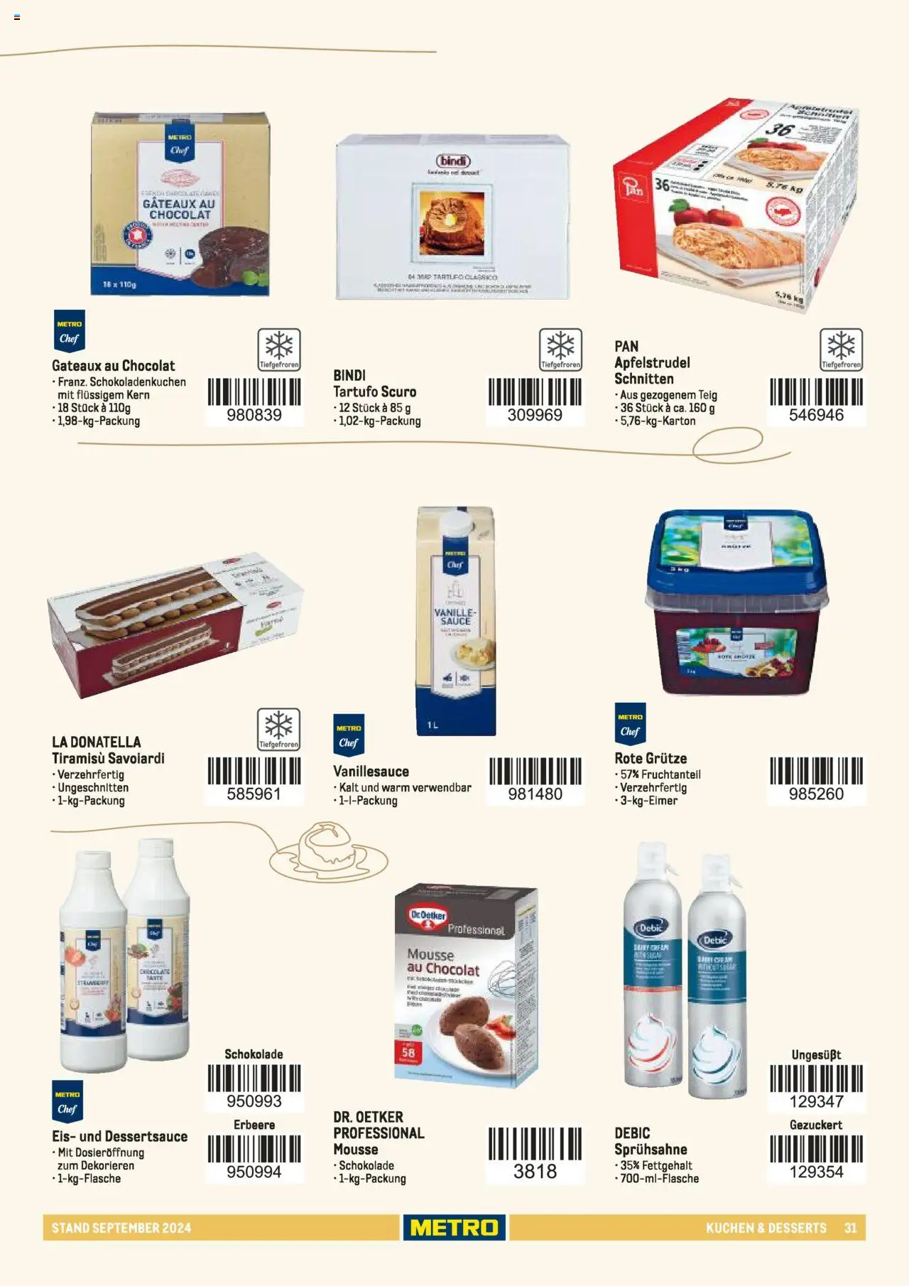 Metro  Sortimentskatalog Lieferservice – gültig ab 17.09.2024 | Seite: 31 | Produkte: Schokolade, Kuchen, Eis