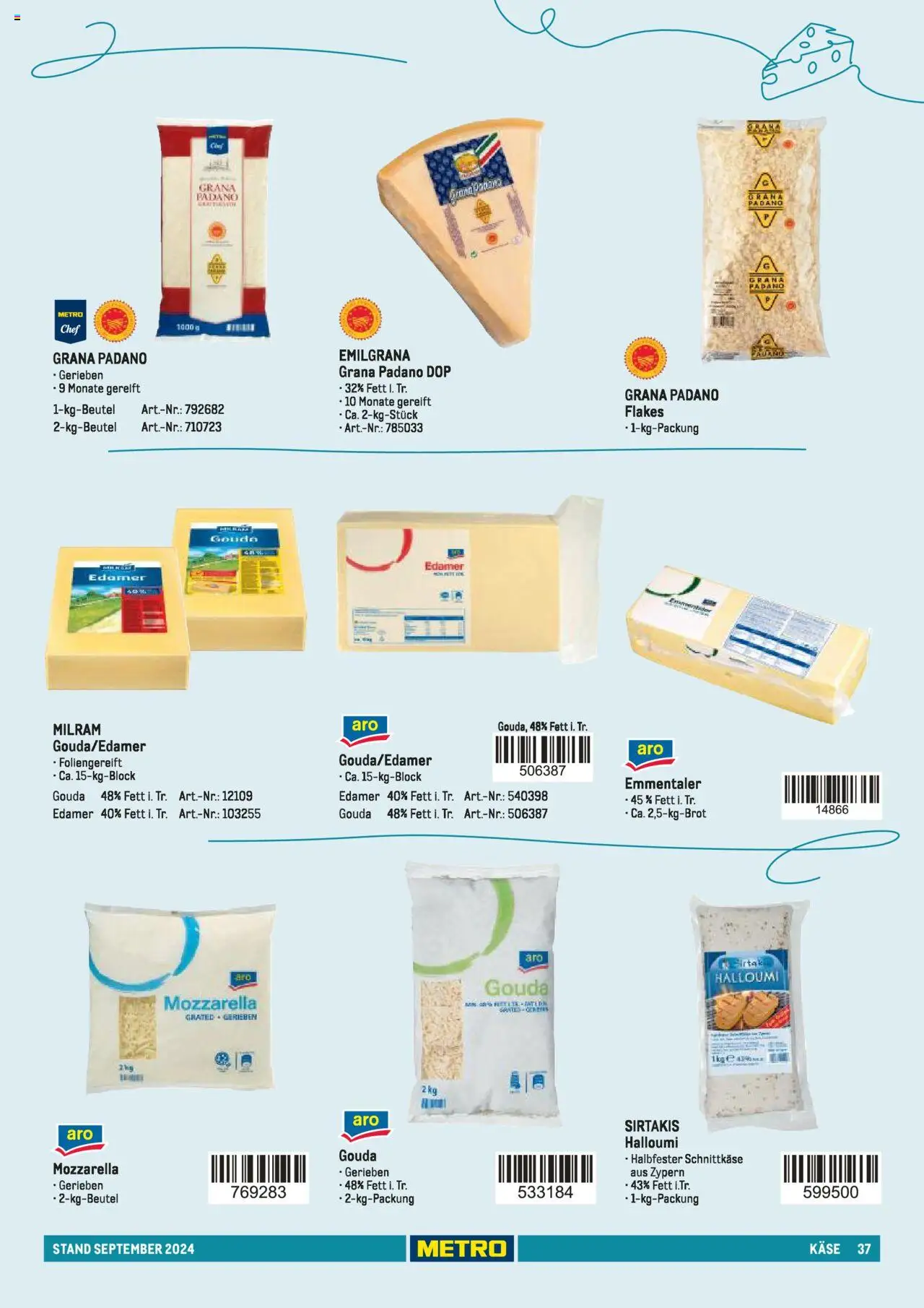Metro  Sortimentskatalog Lieferservice – gültig ab 17.09.2024 | Seite: 37 | Produkte: Mozzarella, Gouda, Edamer, Milram