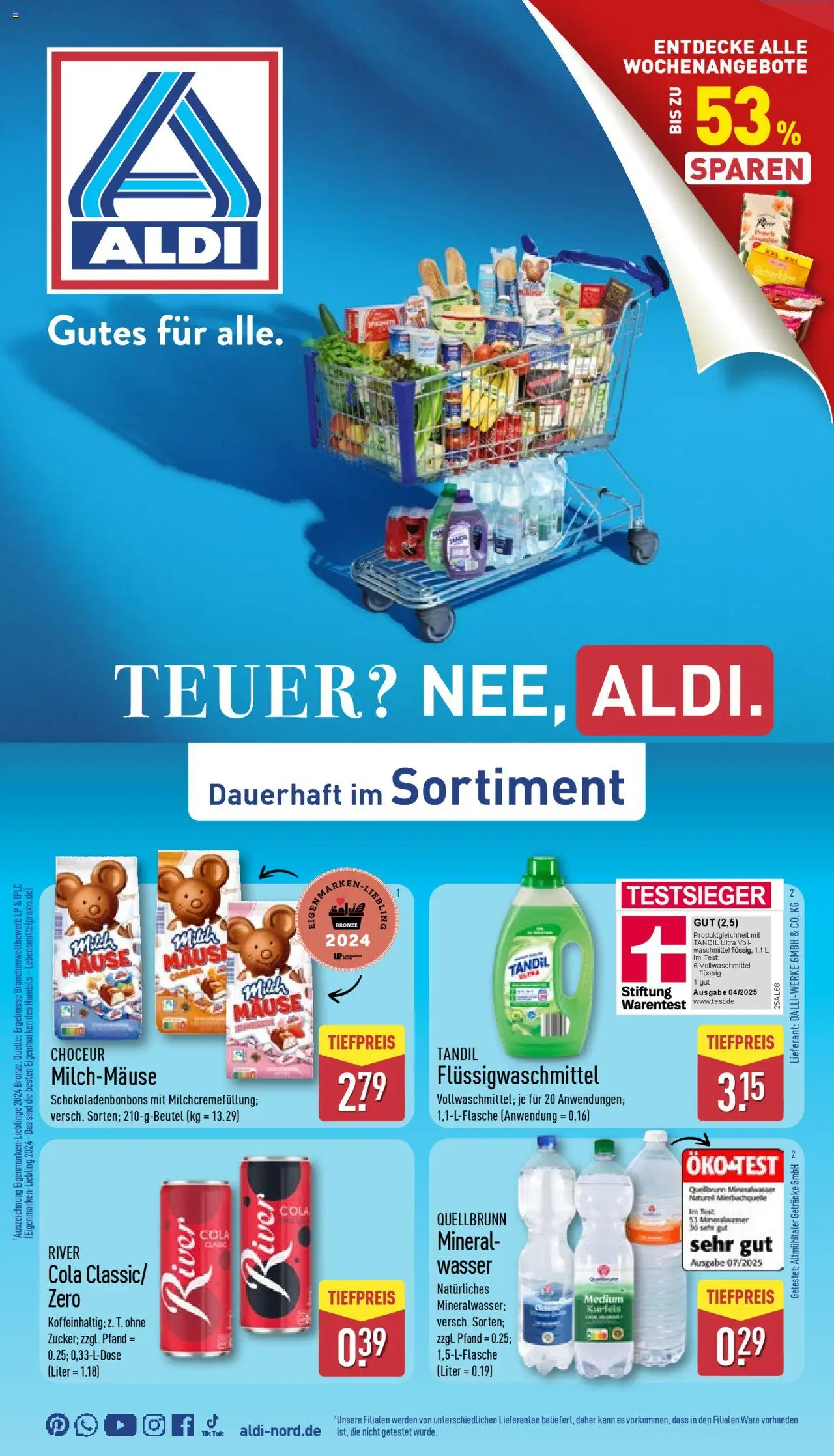 Aldi Prospekt 	 – gültig ab 22.09.2025 | Seite: 1 | Produkte: Cola, Wasser, Waschmittel, Maus
