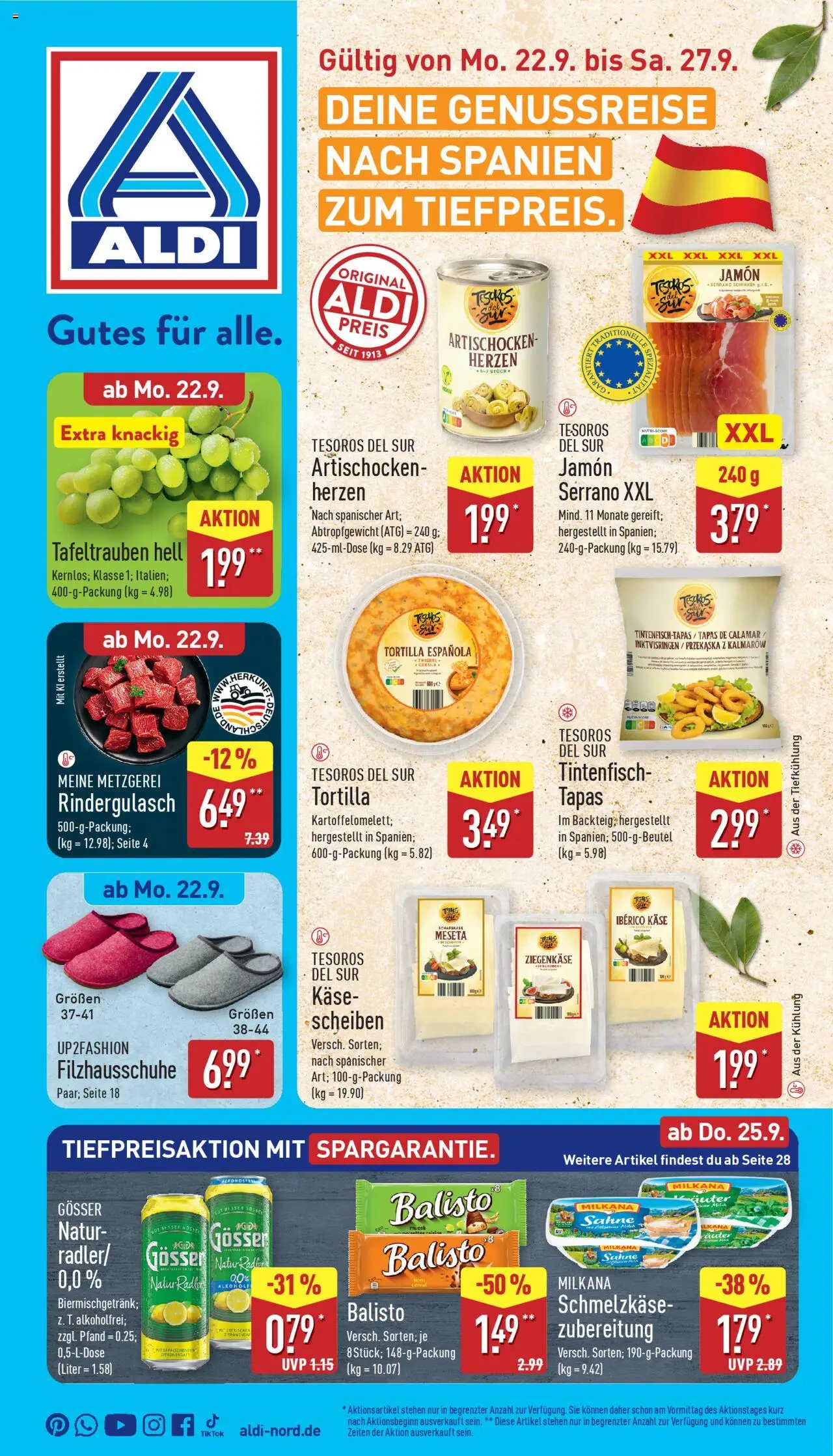Aldi Prospekt 	 – gültig ab 22.09.2025 | Seite: 5 | Produkte: Rindergulasch, Serrano schinken, Sahne, Schafskase